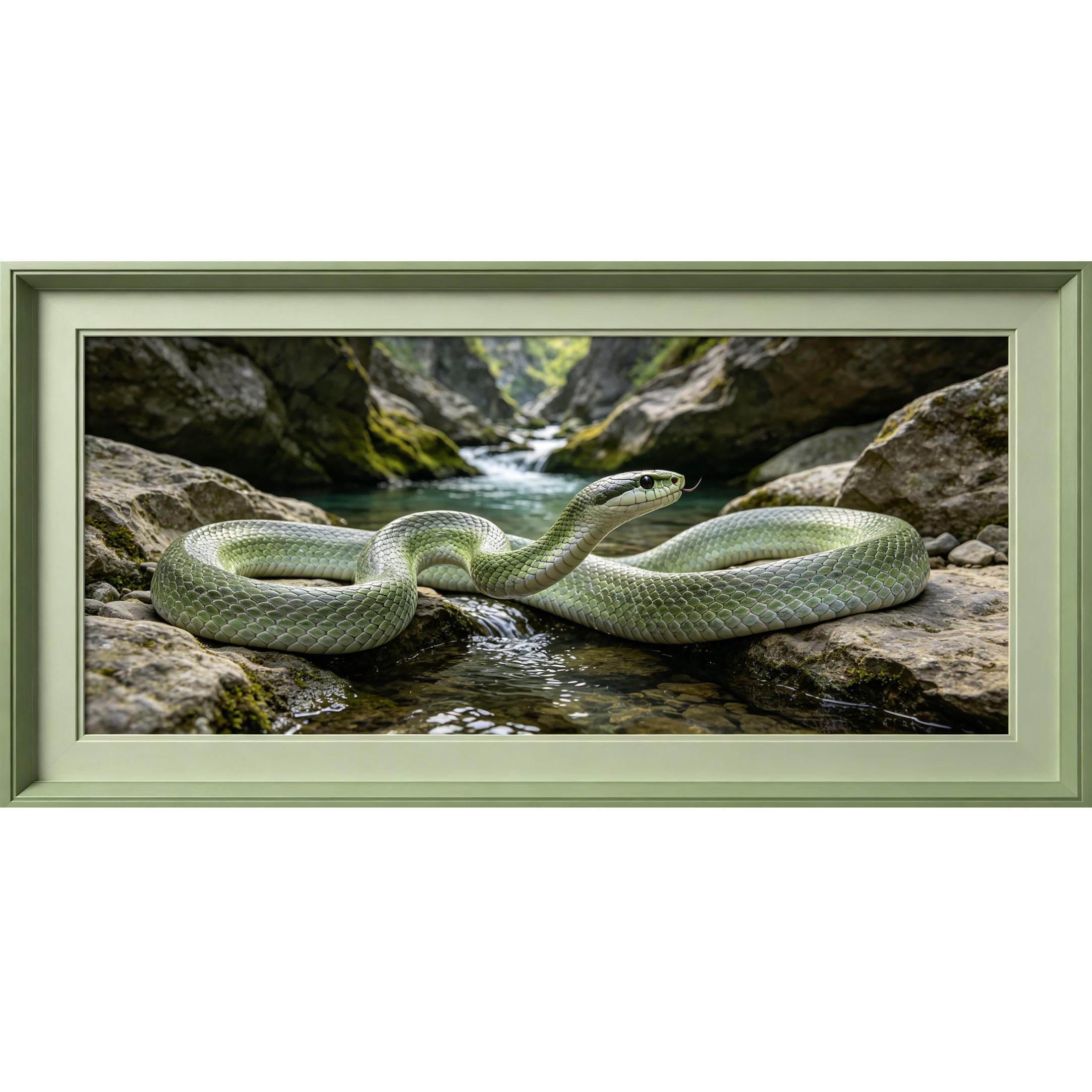 Agglomerix 3D Framed Wall Art Snake on River Rocks Forest Landscape Natural Stream Textured Effect Large Size Self-Adhesive Removable Wall Decor Prints Artwork for Living Room Bedroom Office