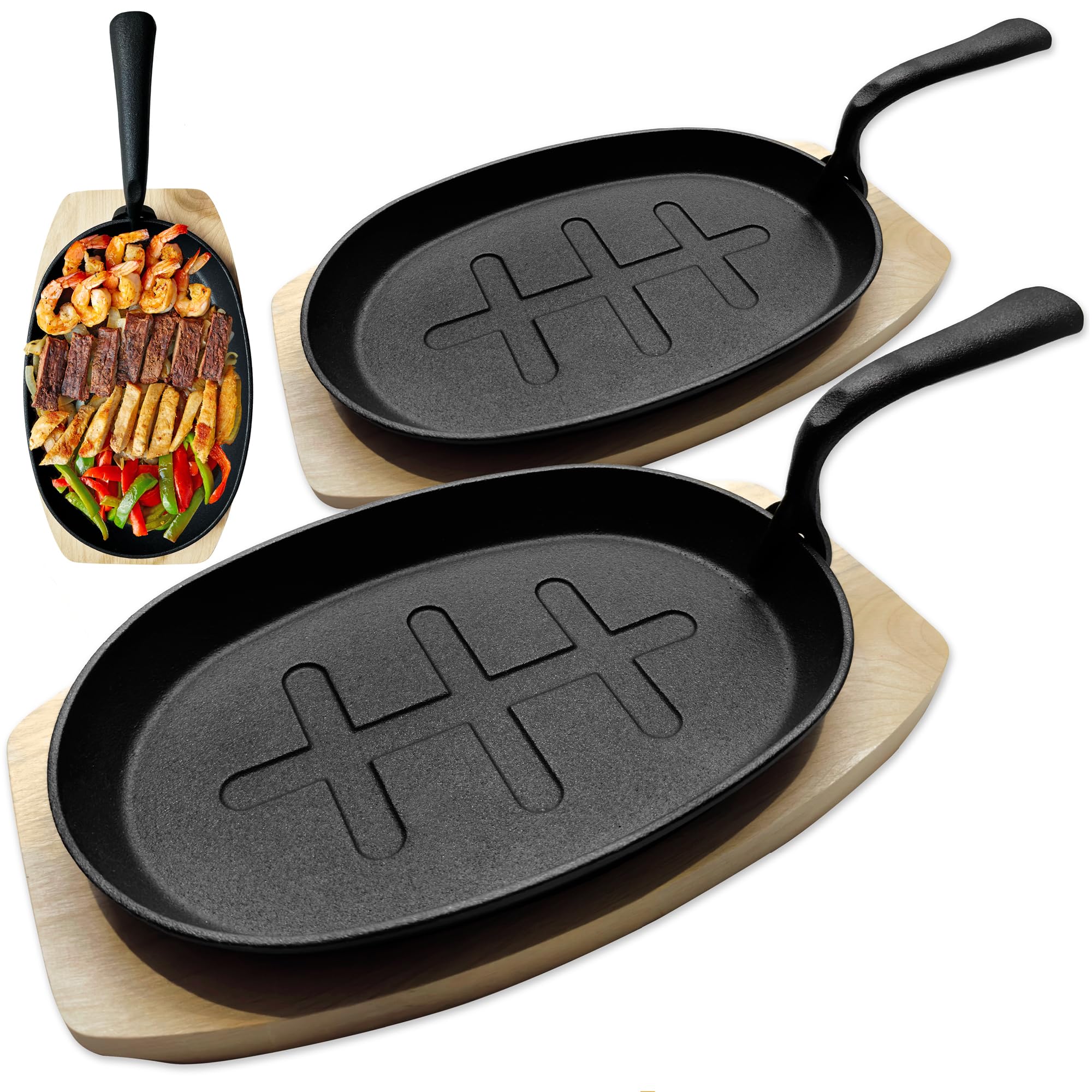 andrew james2 Pack Pre-Seasoned Cast Iron Skillet Pan Sizzle Plate with Wooden Base, Griddle Frying Pan Ideal for Cooking, Searing, Sautéing, and Serving – Skillet for Stovetop, Oven & Grill Use