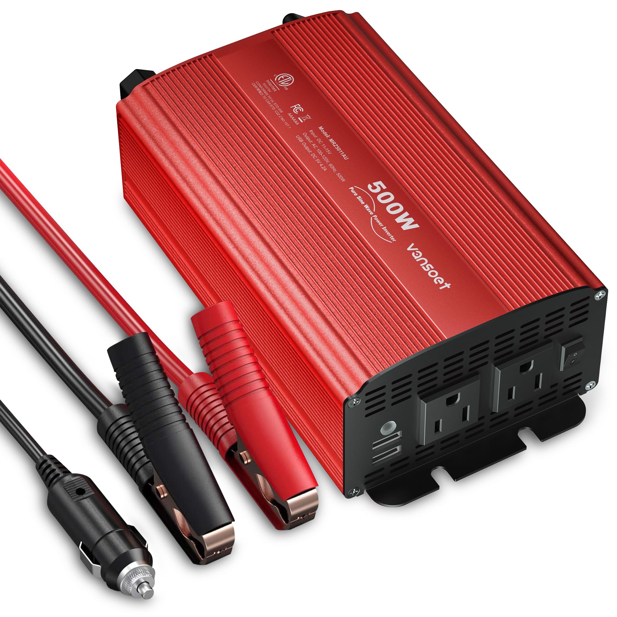 500W Pure Sine Wave Power Inverter DC 12V to 110V AC Car Inverter Adapter with 4.2A Dual USB Charging Ports and 2 AC Outlets Inverter(Red)