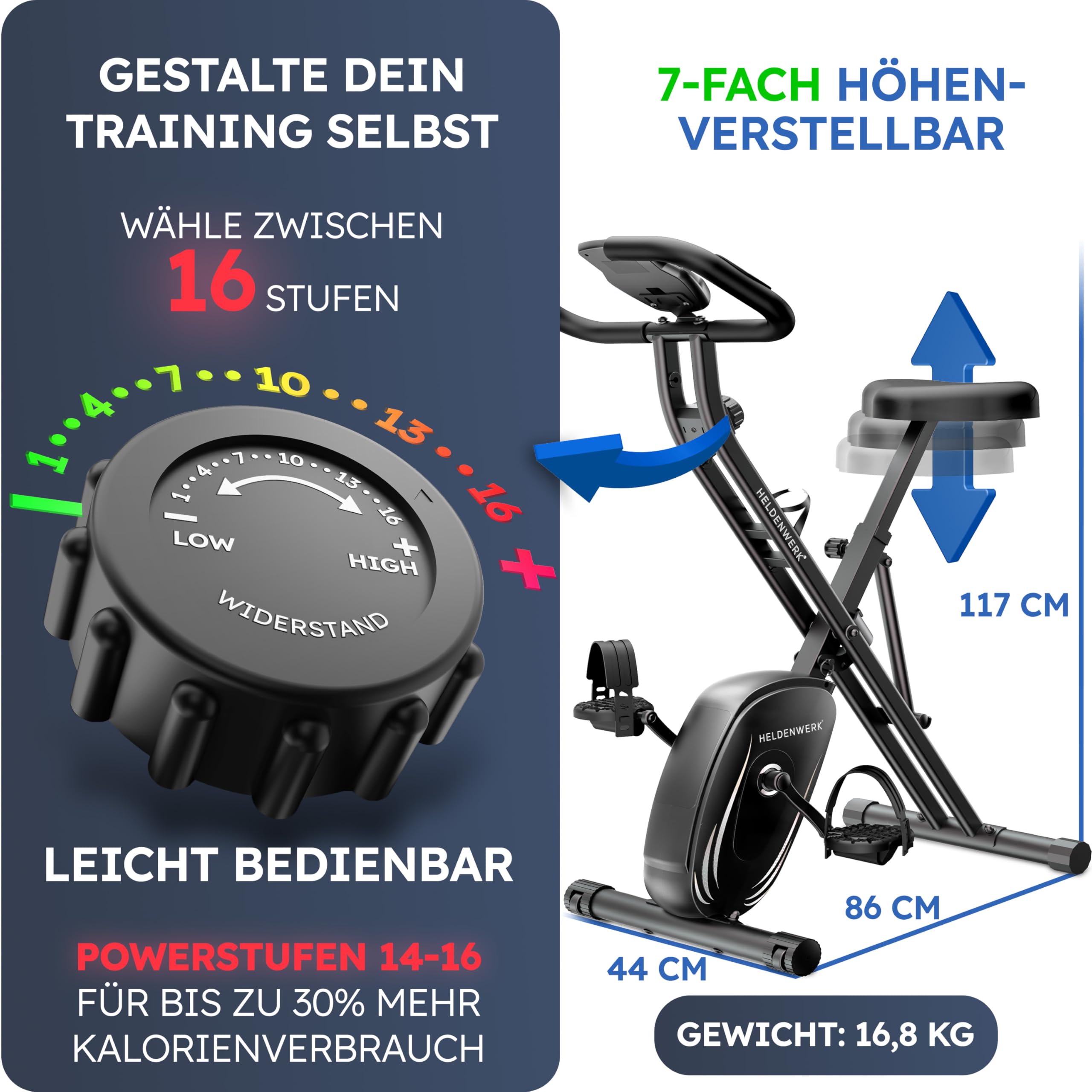 HELDENWERK Cyclette pieghevole set extra comodo e silenzioso [FlexiFoam] portata fino a 150 kg, ergometro, cyclette, cyclette, per anziani, fitness, per la casa