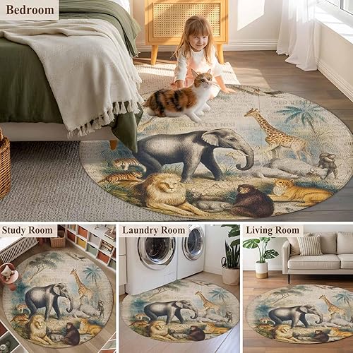 Miniatura 7 de Alfombra redonda para habitación de los niños, temática de animales de la selva, león, jirafa, vintage, alfombra de periódico vintage,