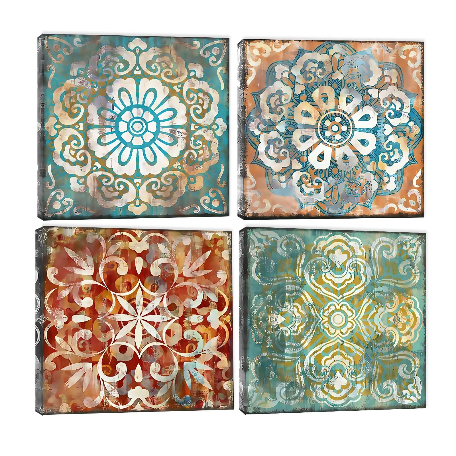 Mandala Wall Art - Boho Mandala Canvas Wall Art, Vintage Flower Pattern Canvas Prints for Bathroom Decorations, 4 Pieces Mandala Framed Artwork for Home Wall Decor Ready to Hang (16x64 inches)