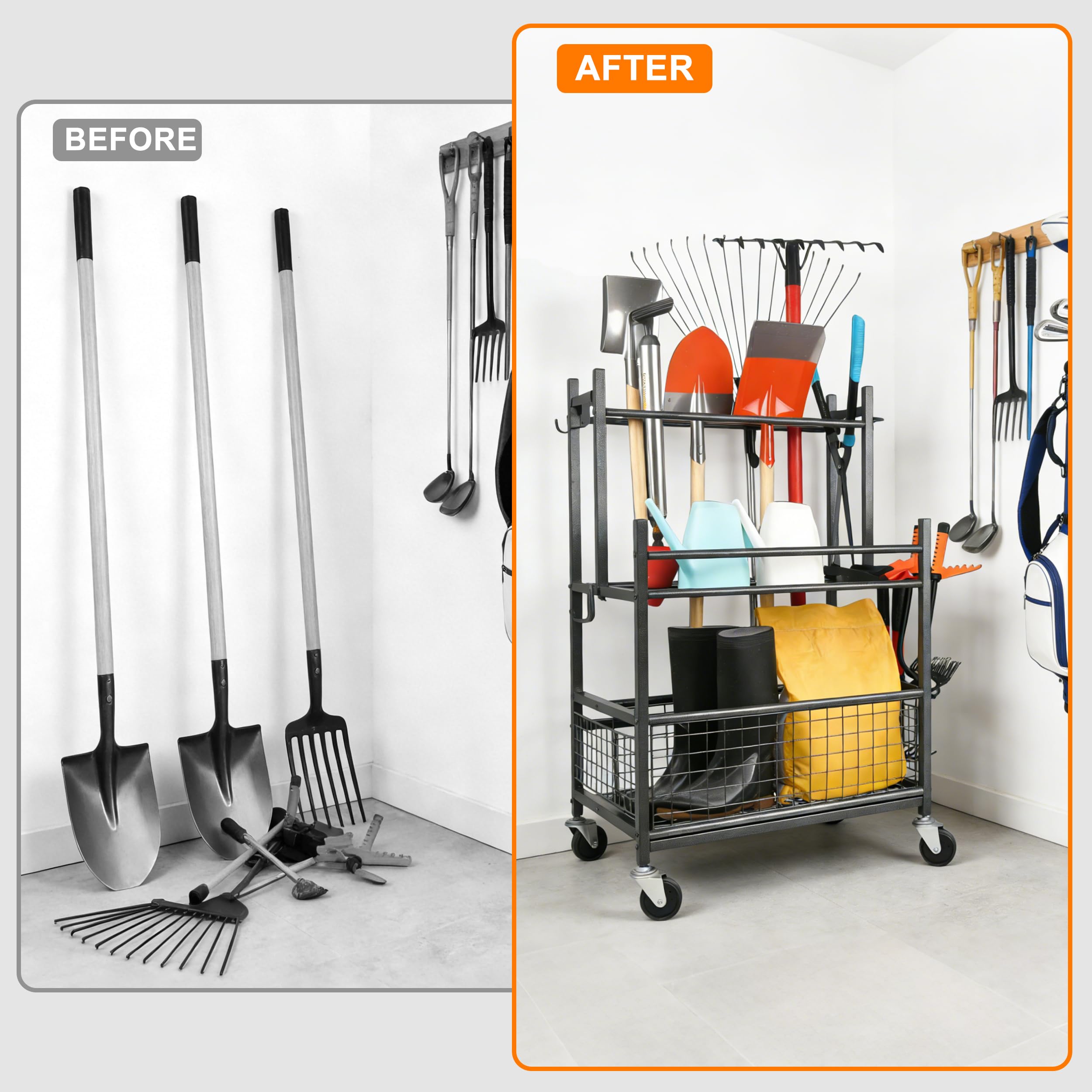 Gartengeräte Organizer mit Feststellrollen,Schwerlast Metall Gartengeräteständer,16 Fächer+19 Haken für langgestielte Geräte/Staubsauger/Rasenrechen,ideal für Garage, Schuppen & Außenbereich