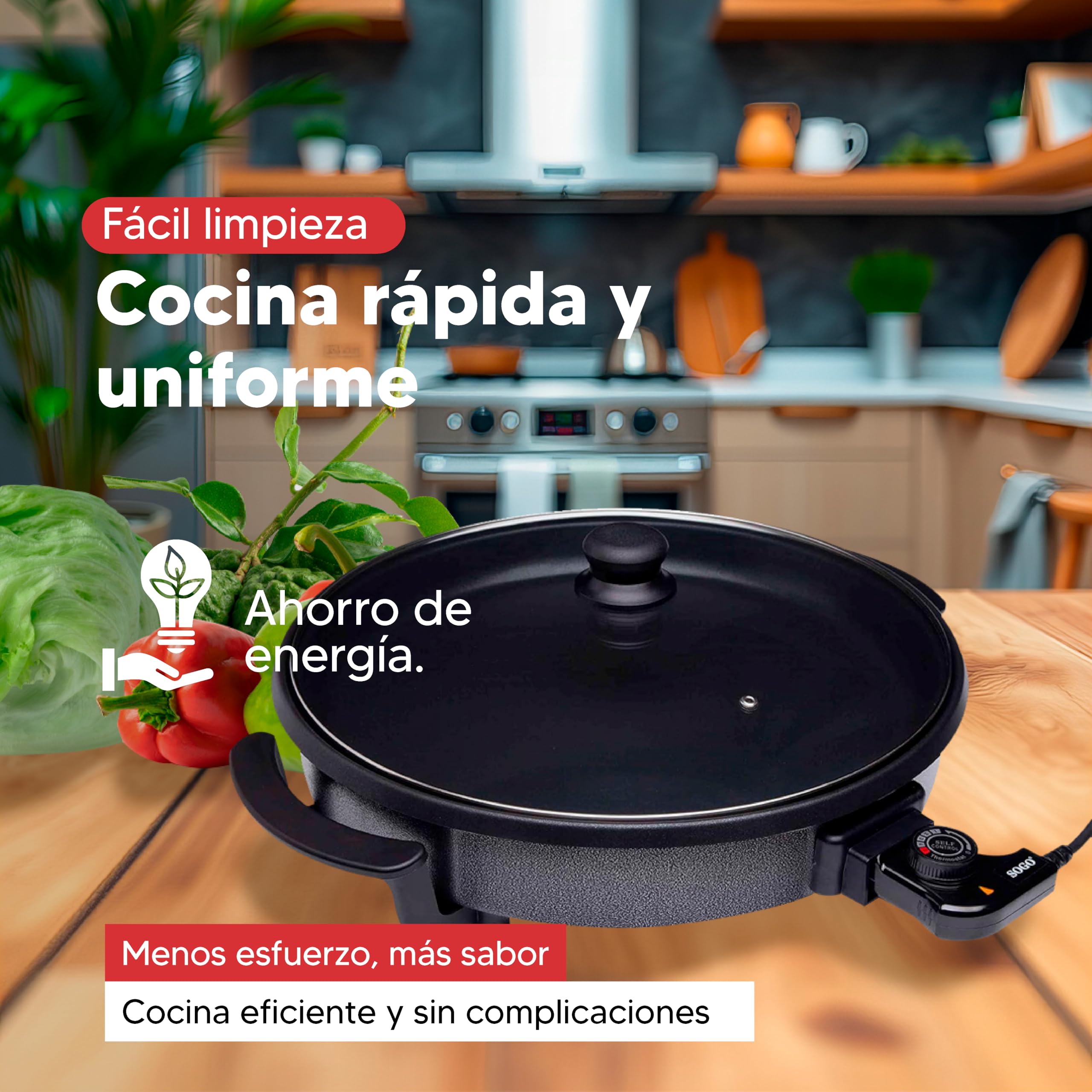 SOGO Padella per paellera elettrica con coperchio in vetro rinforzato e rivestimento antiaderente | Ø interno 42 cm | profondità 4,5 cm | termostato regolabile fino a 240 °C | 1500 W | SENZA PFOA