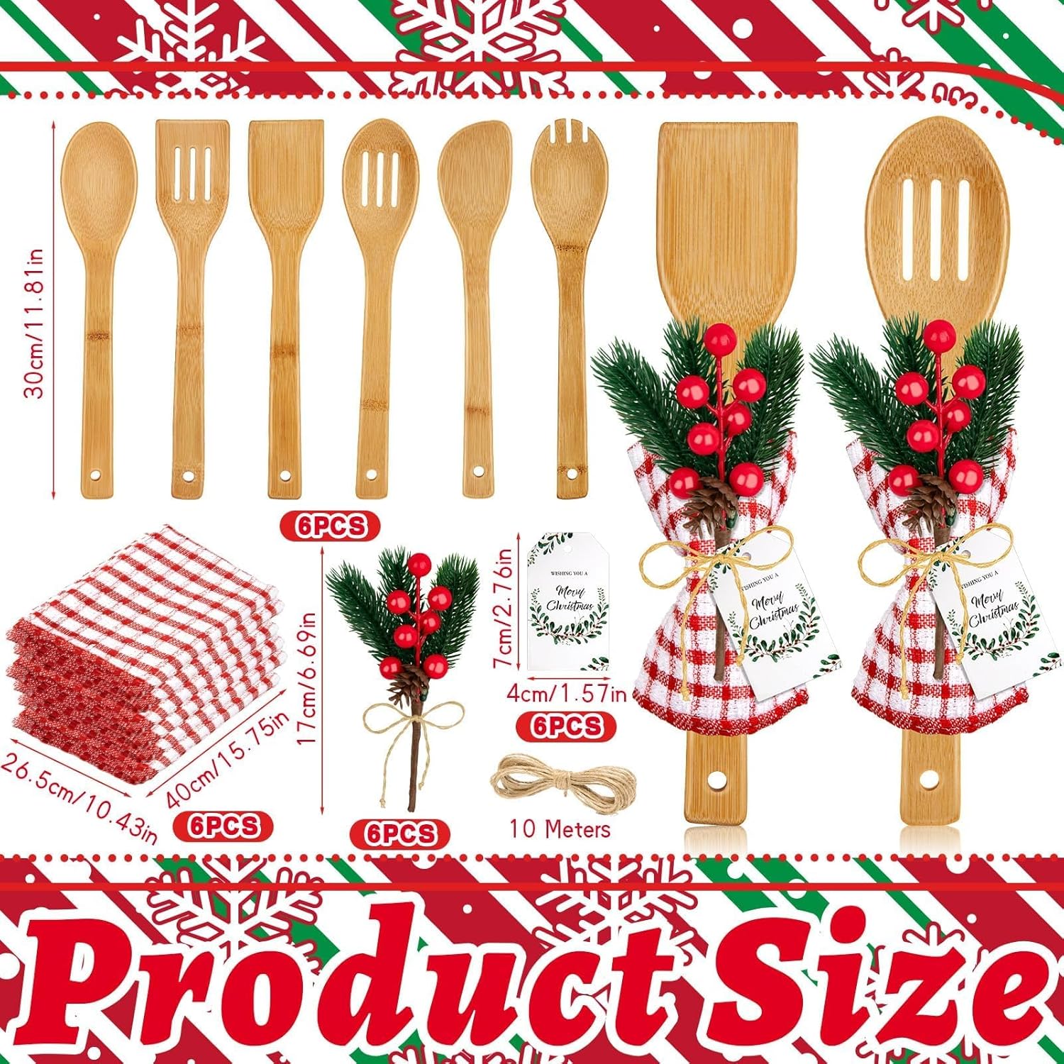 6 Set Christmas Gifts Kitchen Utensils Set with Holder Spatulas Bamboo Spoons Tag for Christmas Holiday Gift Kitchen Utensils Party Decoration