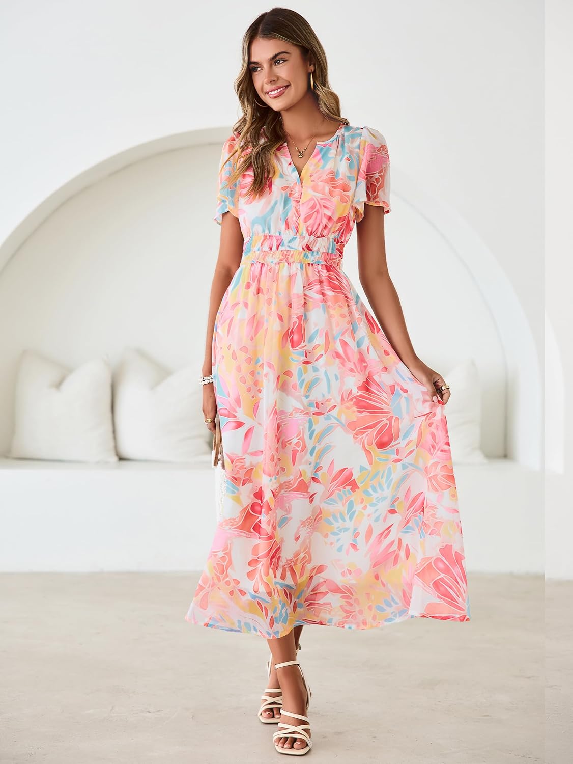 Simplee Women Floral Summer Maxi Dress Boho Flowy Casual Chiffon Short Sleeves V Neck Long Wedding Guest Dresses - Image 5