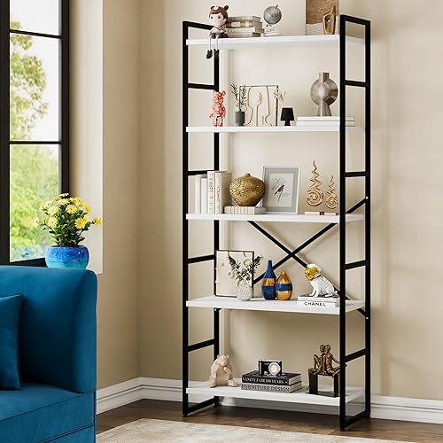 Meilocar Estantería alta de madera de 5 niveles con marco de metal, estante moderno para libros, organizador de libros independiente, estantes de