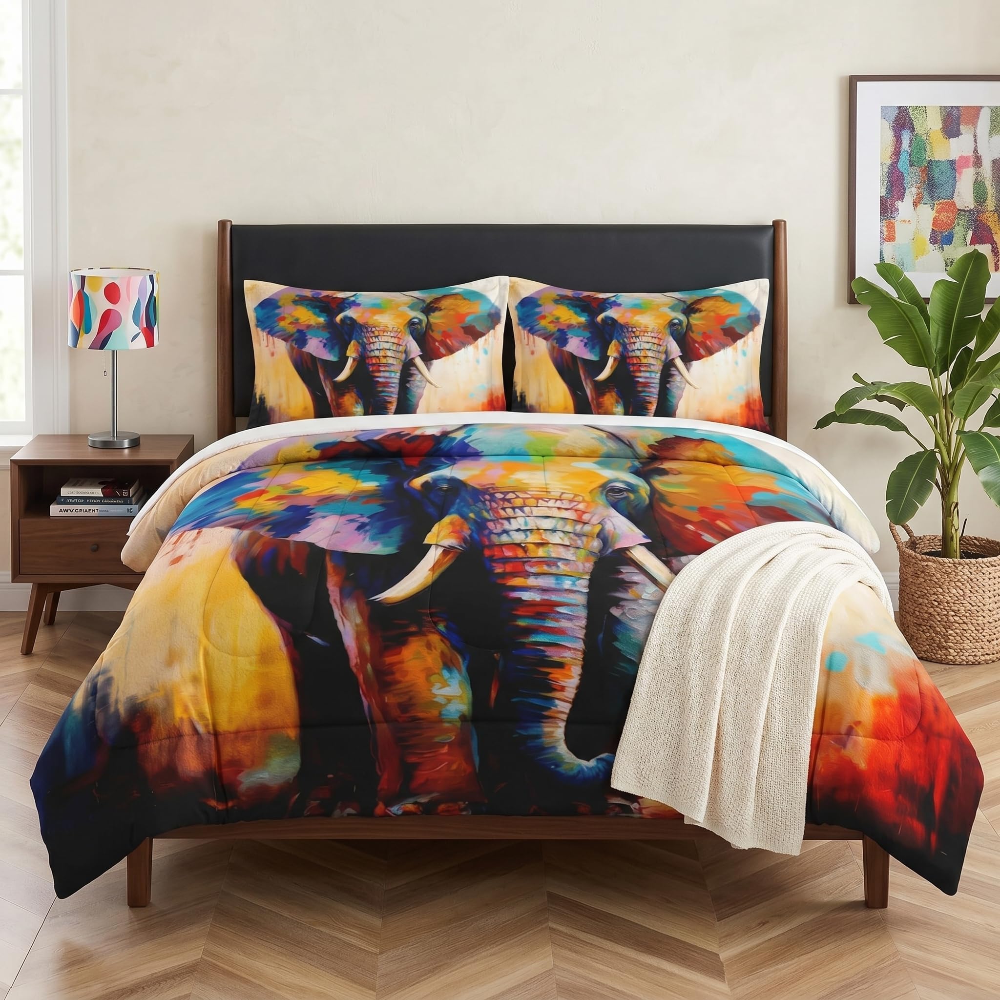 Queen Size Comforter Set with 2 Pillowcases, Painting Colorful Elephant Soft 3 Pcs Bedding for Kids and Adults Bedroom Bed Decor