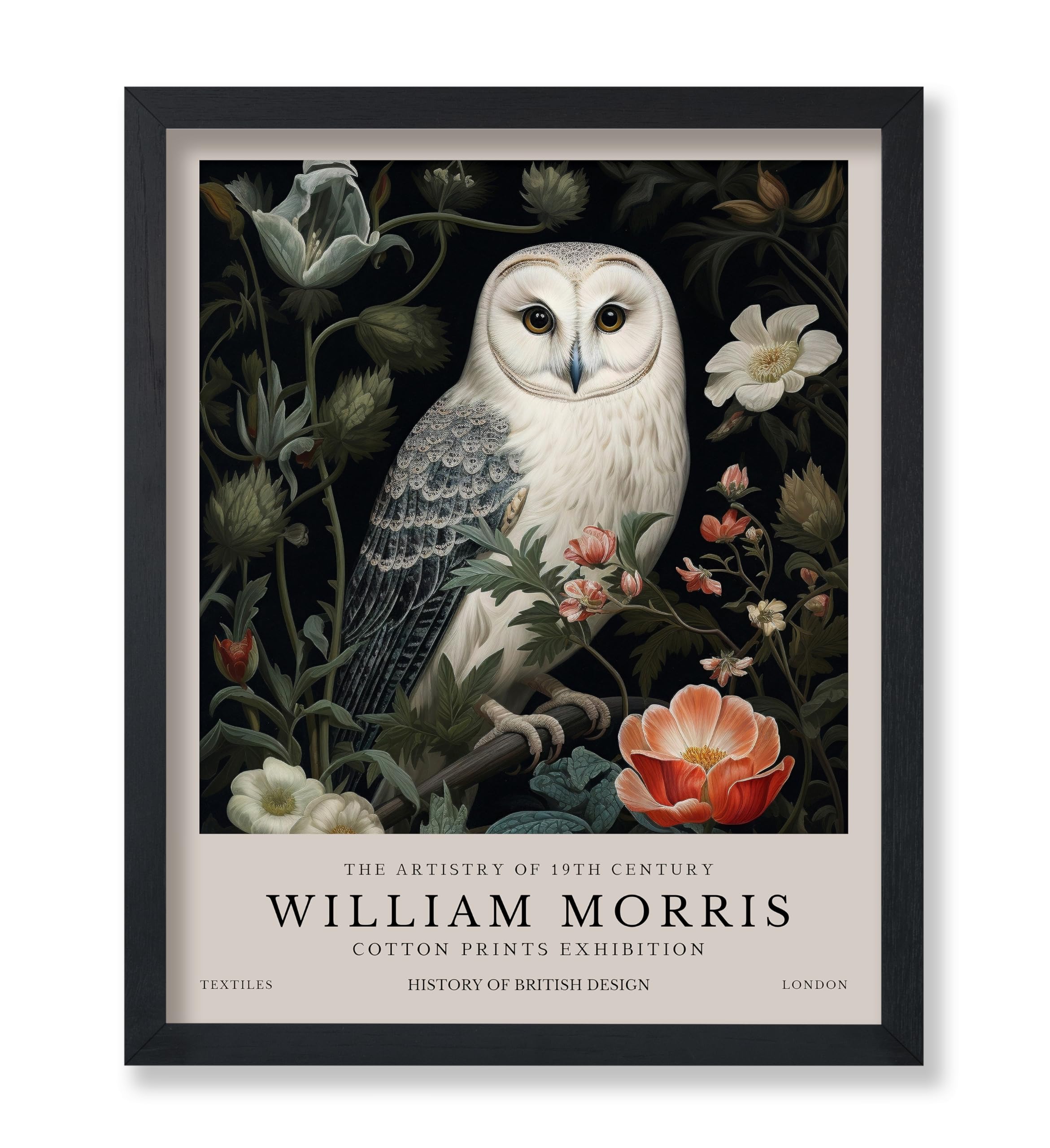 Monem Art Studio Owl and Flowers Print - William Morris Poster - Botanical Exhibition Art - Farmhouse Wall Design - Floral Aesthetic Art - Living Room
