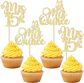 Gyufise 24 قطعة Mis Quince 15 كب كيك توبرز بريق كعكة عيد الميلاد الخامس عشر توبرز خمسة عشر حلوى ديكور هتاف إلى 15 عامًا زينة الحفلات الذهبية