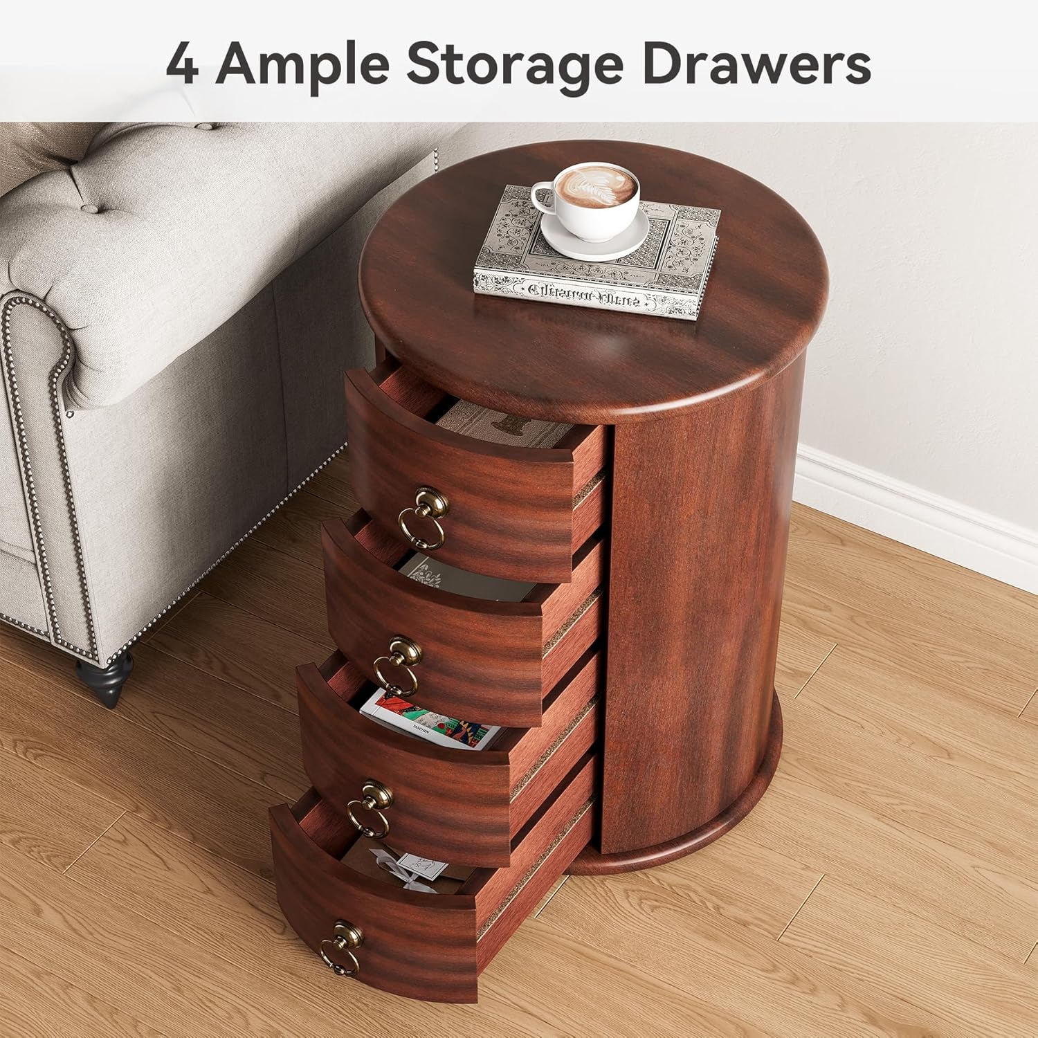 LITTLE TREE Small Side Table, Round Solid Wood End Table with Storage for Living Room, Mid Century Modern Nightstand with 4 Drawers for Bedroom, Small Spaces, Couch, Bedside, No Assembly Required