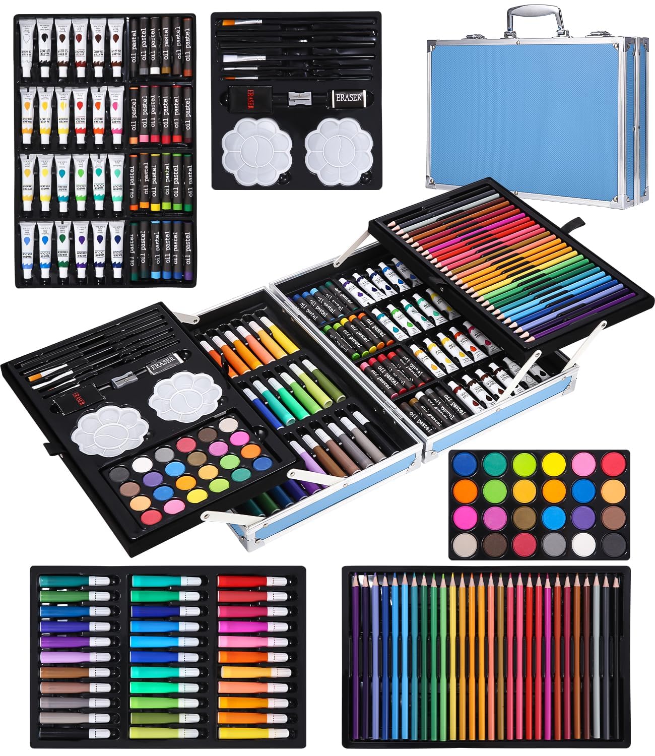 SOBEAU 144-teilig Malset, Malkoffer Kunstset für Kinder, Zeichenstifte Professionell Set mit Buntstifte, Wasserfarben, Ölpastellfarbe, Farben und Kohlebleistiften, Geschenk für Familie und Freunde