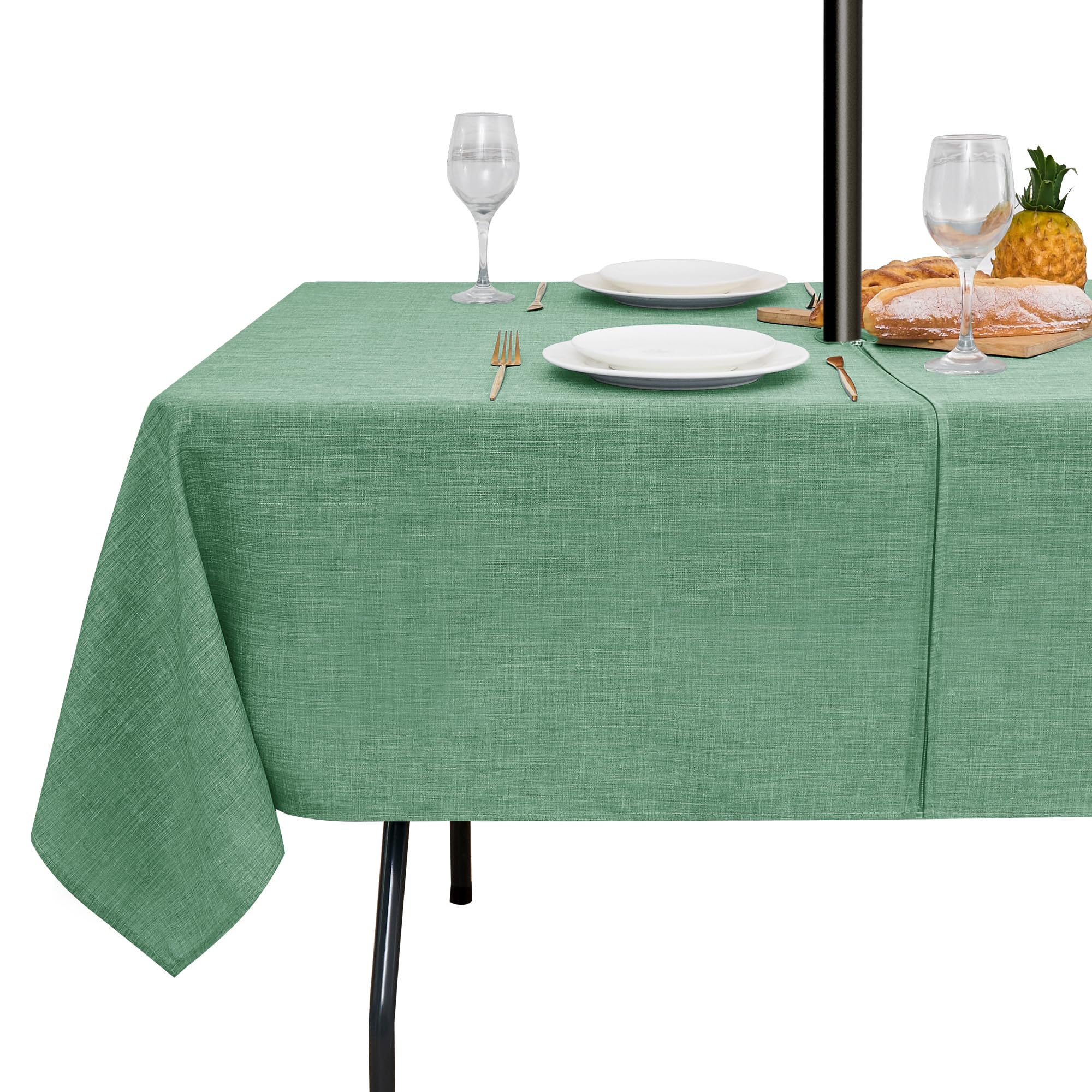 LUSHVIDA Mantel para Exteriores con Agujero para Paraguas, Mantel Rectangular con Cremallera, 152 x 213 cm, Lino sintético Verde Salvia, Resistente al Agua, para Picnic al Aire Libre