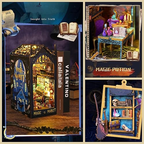 Miniatura 4 de Kisoy Kit de bricolaje en miniatura para rincón de libros con rompecabezas de madera 3D, soporte manual para libros, decoración de estantería y