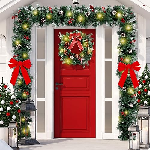Yingzhao Christmas Wreath Decoration Kit - Includes 18ft Garland Lights, 16'' Wreath, 20 LED Lights, Mental Hanger, 2 Red Bows