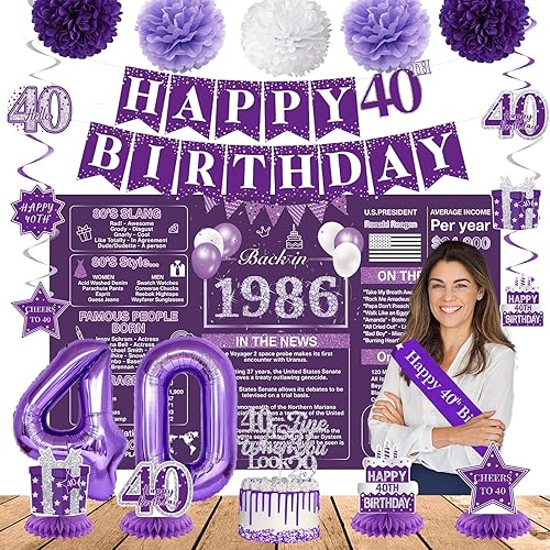 Miniatura 9 de Crenics Decoraciones de cumpleaños número 80 para mujer en púrpura - Fondo de 1946, pancarta, remolinos, centros de mesa, faja, pompones de papel,