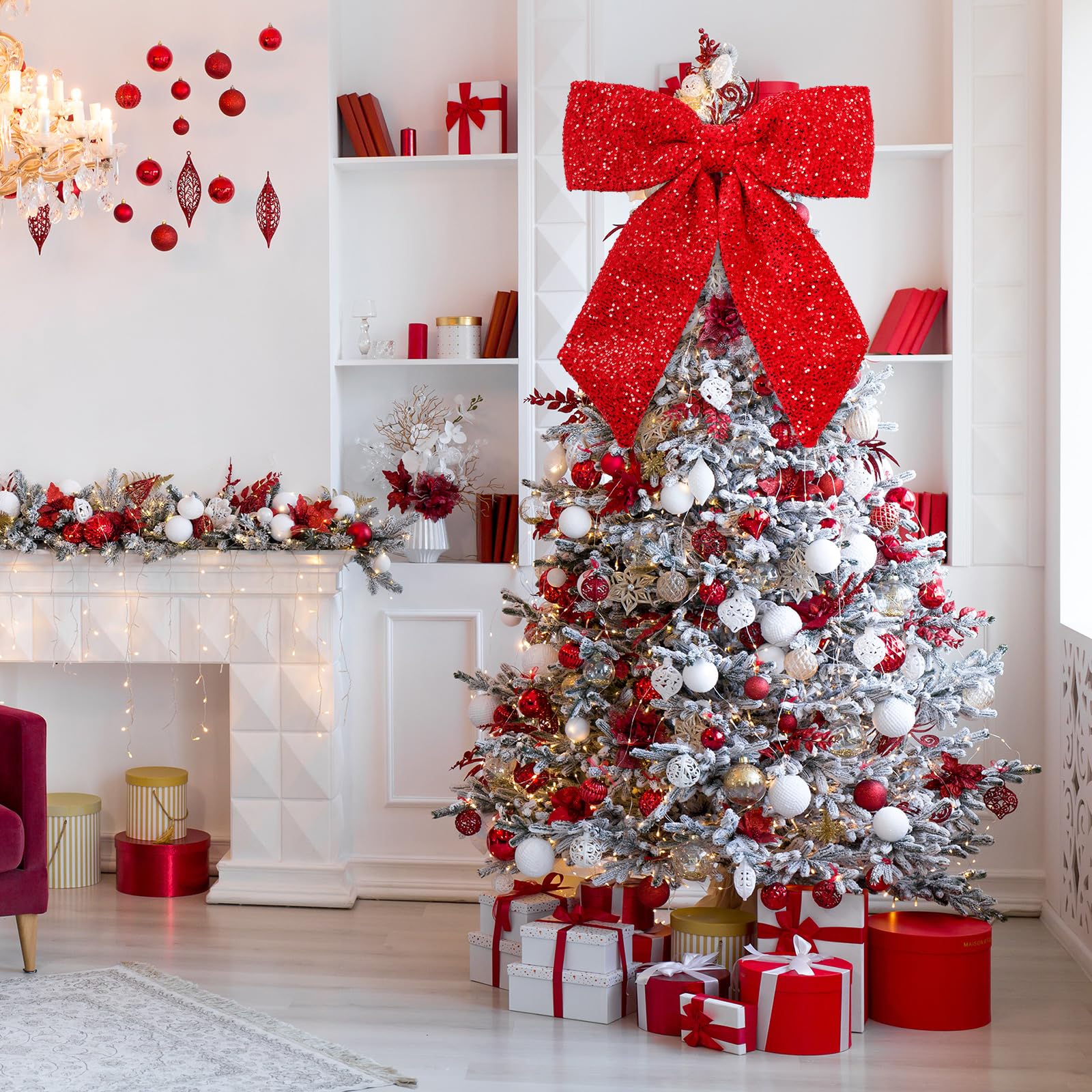 Hungdao 60 cm große glitzernde Stoffschleife mit Pailletten, dekorative Verpackung, Geschenk, Dekoration für Weihnachtsbaum, Kamin, Kranz, Urlaub, Party-Dekoration (rote Farbe)
