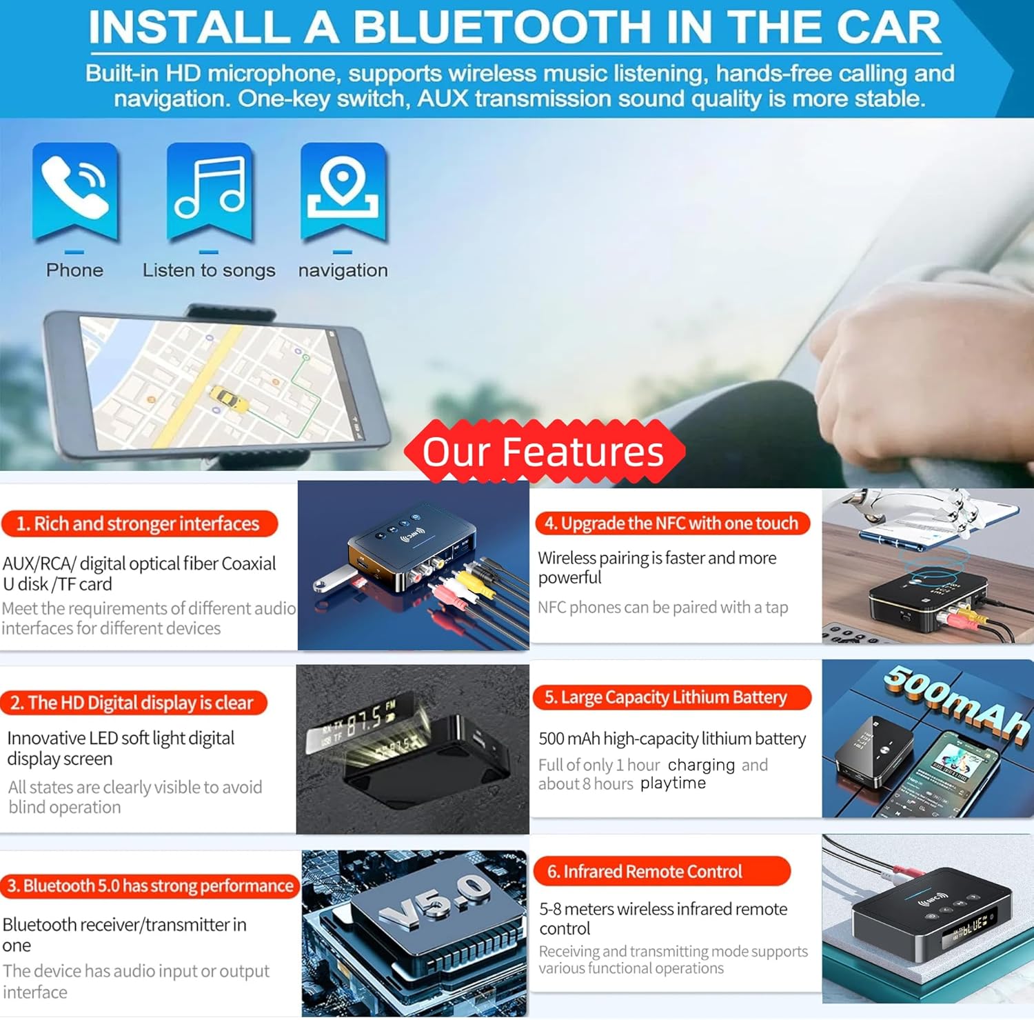 Bluetooth 5.0 Adapter, Bluetooth Transmitter and Receiver for Home Stereo Hi-Fi Audio with 3.5mm, RCA, Coaxial, Optical, NFC, Aptx-LL - for Home, Car, AV Receiver or Amplifier (M6) - Image 2