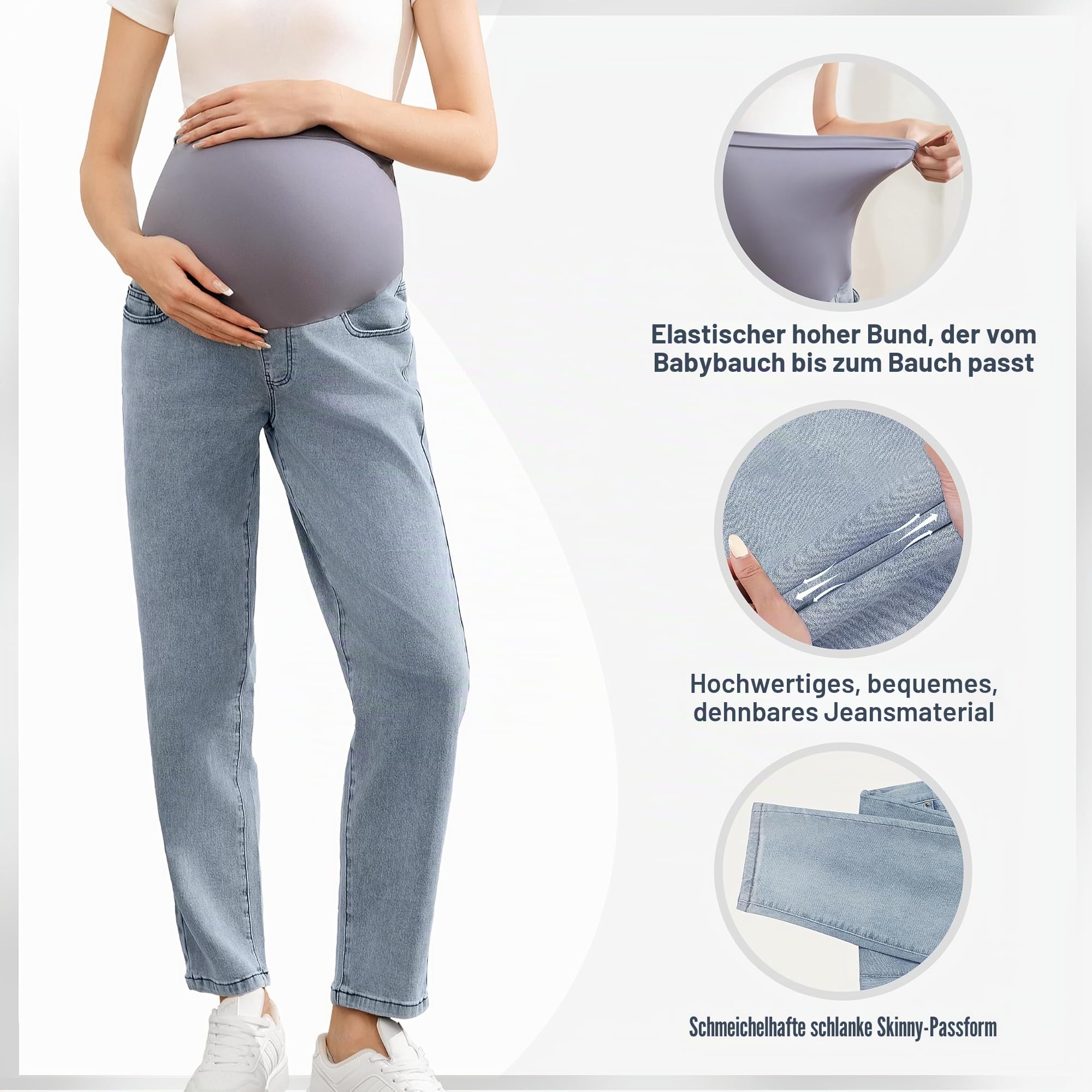 Damen Umstandsjeans über Bauch Bequeme Stretch Boyfriend Jeans Loose Schwangerschaftshose mit Taschen