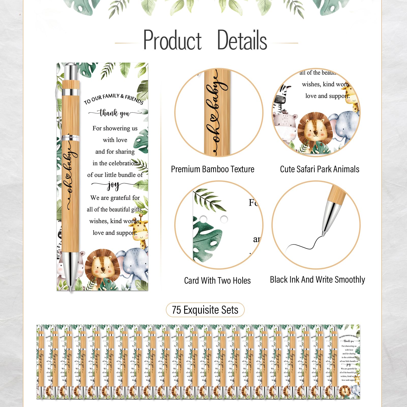Zhanmai- 75 juegos de recuerdos para baby shower con temática de safari, incluye bolígrafos de bambú y tarjetas de agradecimiento para baby shower, bridas plateadas, decoraciones para baby shower con