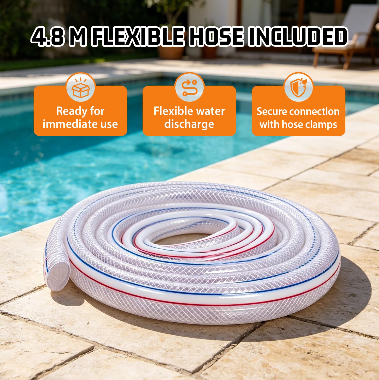Pompa Sommersa per Acque Sporche 75W 3200 L/H con Tubo da 4,8 m | Pompa da Giardino con Cavo da 7,5 m, 3 Adattatori per Tubi (13/16/19 mm) e 2 Fascette, per Laghetti, Fontane, Piscine