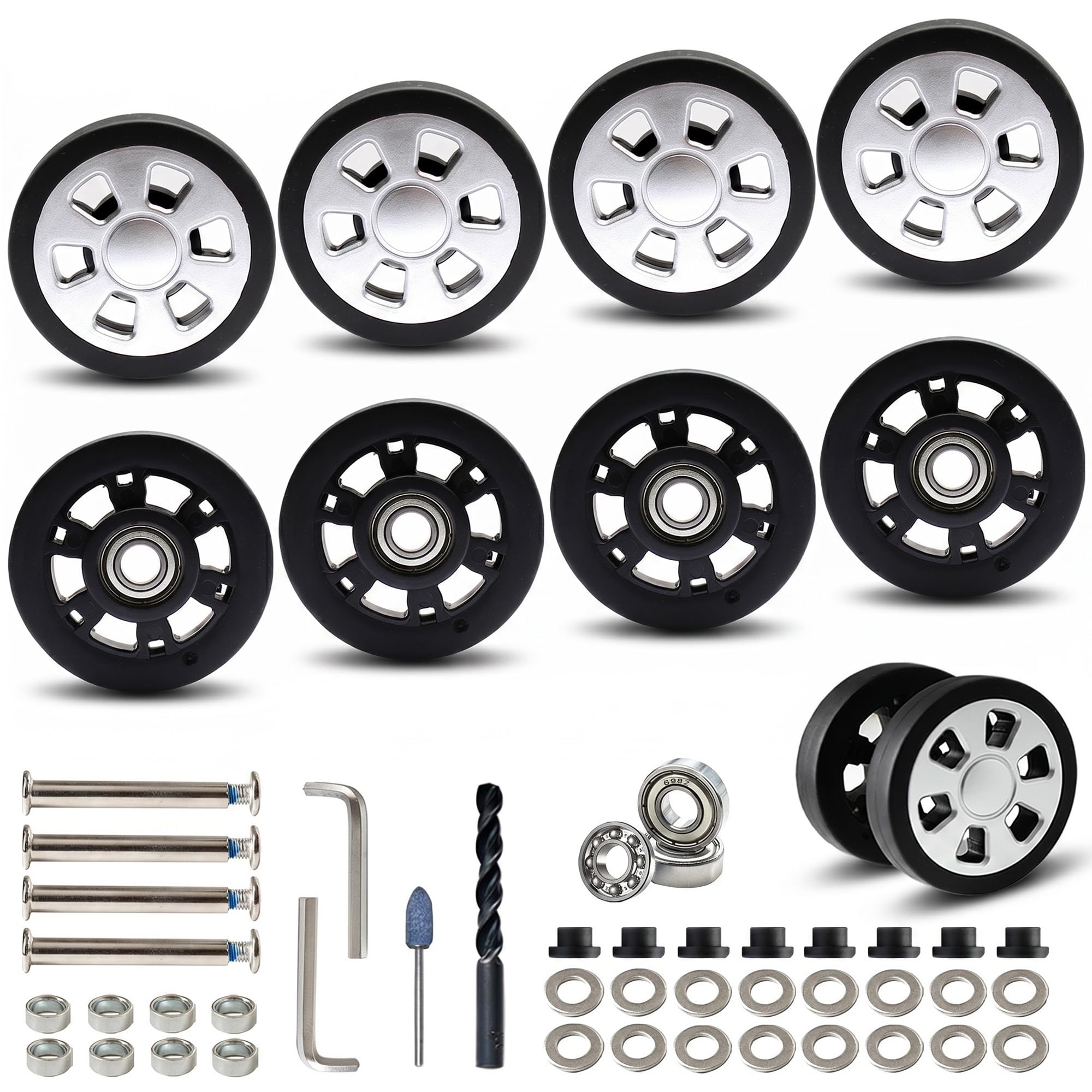 Ruedas de equipaje de repuesto de 55 mm, ruedas giratorias silenciosas de TPU con rodamientos, kit de reparación completo para maleta giratoria estándar, bolsa de carrito, barra de tracción