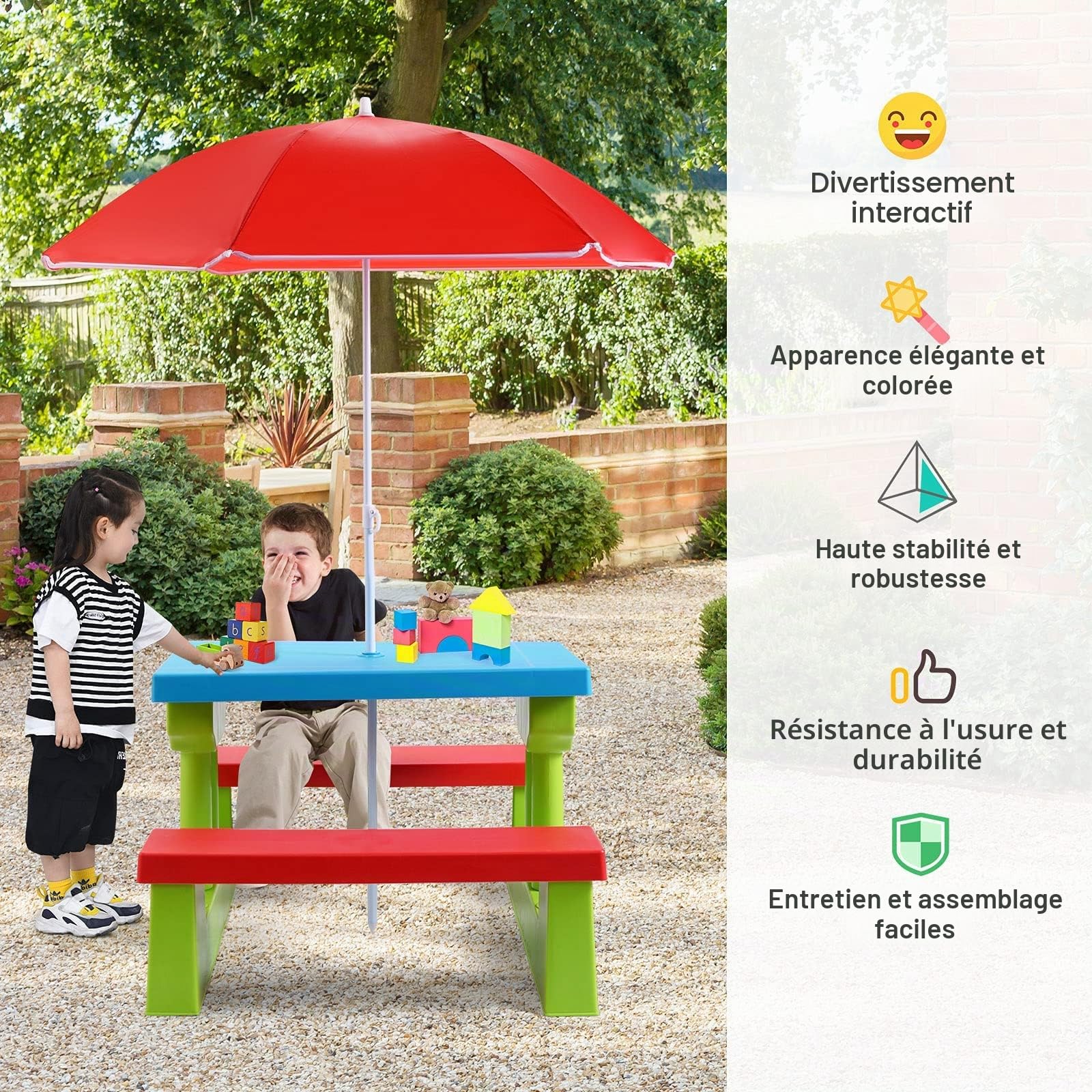 GIANTEX Table de Pique-Nique pour Enfants, Ensemble de Table et Chaises avec Pare-Soleil Amovible,Ensemble Salon de Jardin pour Enfants de Plus de 3 Ans, pour Jardin, Terrasse, Parc(Bleu+Vert+Rouge)
