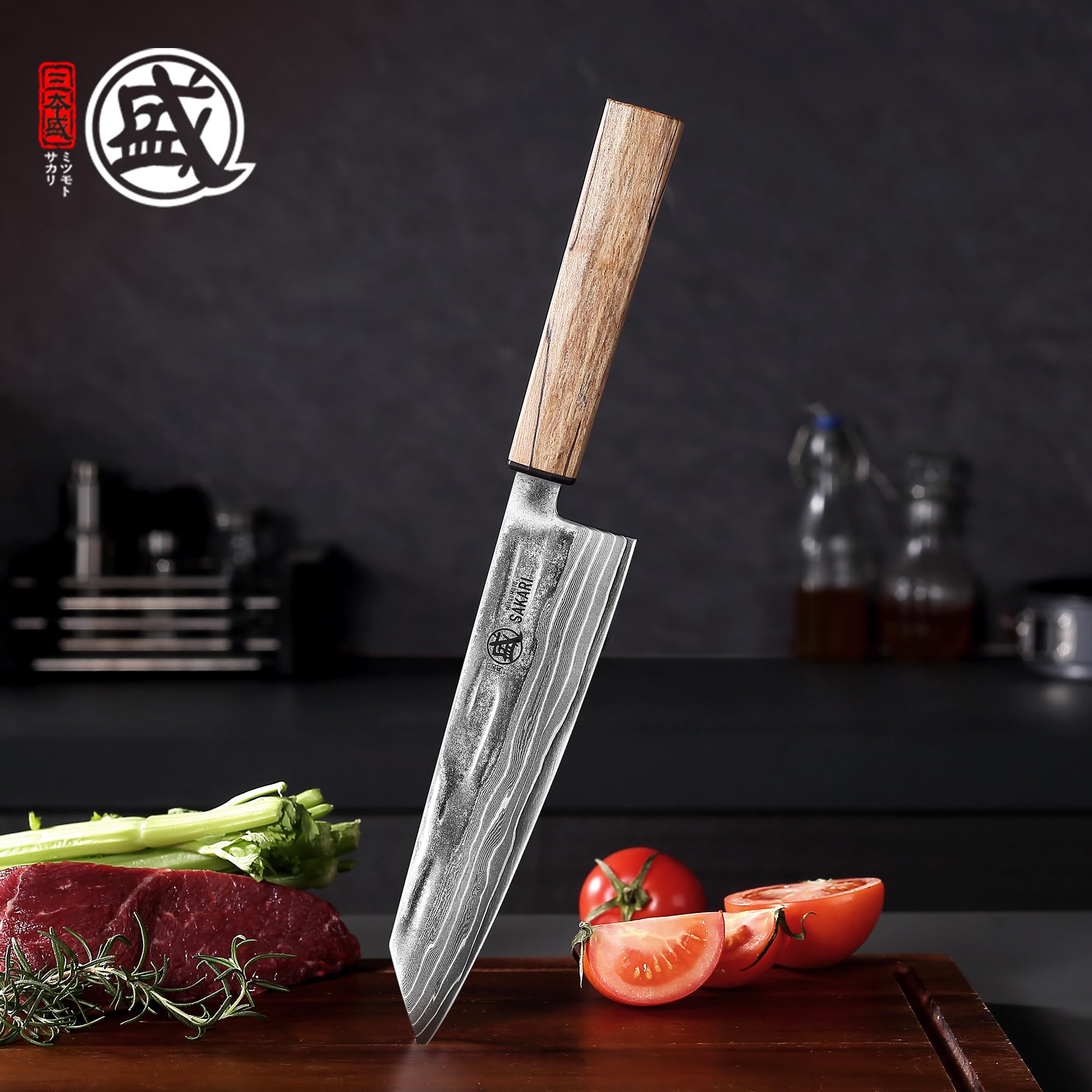 MITSUMOTO SAKARI 20 cm Kiritsuke Coltello da Cucina, 129 Strati di Acciaio in Polvere CPM S35VN Damasco, Coltello da Cucina Giapponese Artigianale, con Impugnatura in Acero
