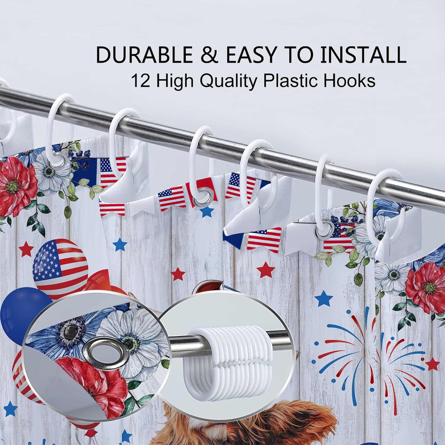 4th of July Shower Curtain, Highland Cow Red Blue Floral American Flag Independence Bathroom Decor, 250th Anniversary Rustic Waterproof Fabric Shower Curtain Set for Home Decor with Hooks, 72X75IN