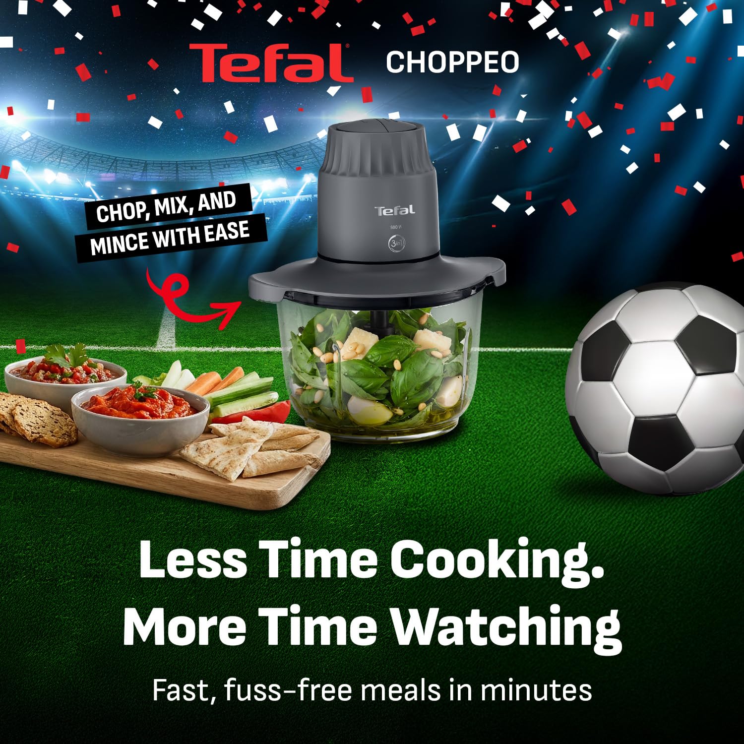 Tefal Choppeo MB603BG1 - Mini procesador de alimentos, tazón de cristal XXL de 2 litros con alfombrilla antideslizante, tapa de almacenamiento, 2 velocidades, 500 W, gris
