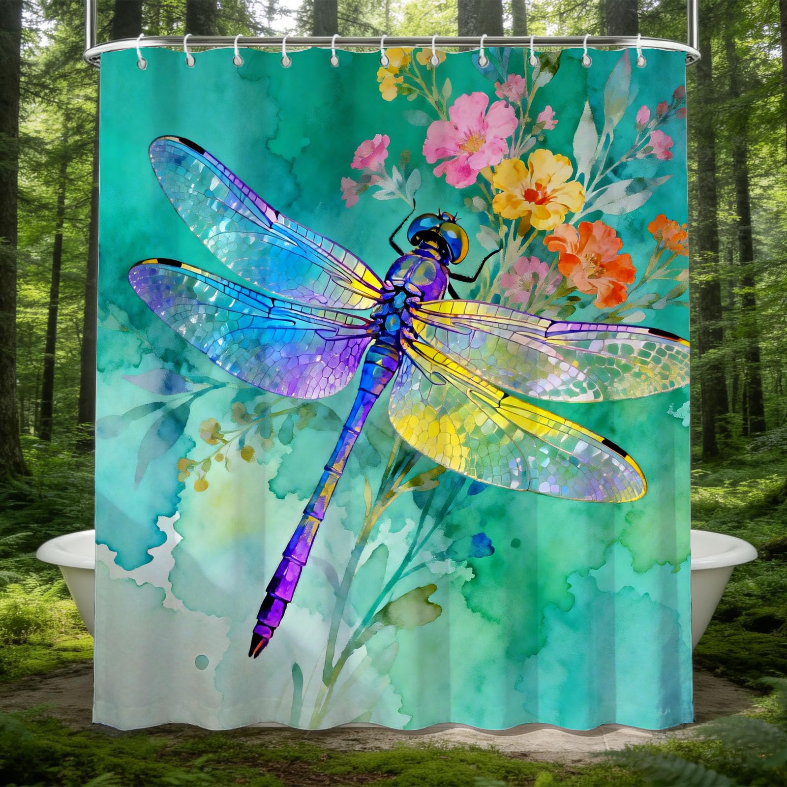 Hongduo 3D Dragonfly Shower Curtain for Stalls Bathtubs Watercoloring Bathroom Decor Shower Curtain Set Polyester Fabric Waterproof 180x180cm/71X71 Inch with Hooks