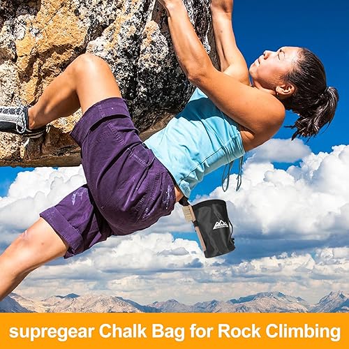 Miniatura 8 de supregear Bolsa de tiza para escalada en roca, bolsillo grande con cremallera con soporte para cepillo, cierre de cordón y clip de mosquetón, ideal