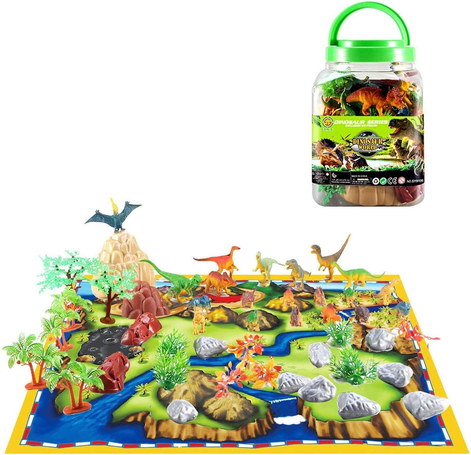 AOKESI 50 Piece Dinosaur Toys Educational Dinosaur Playset 20 Realistic Dinosaurs + 29 Trees & Rocks + PlayMat for Kids, Boys & Girls