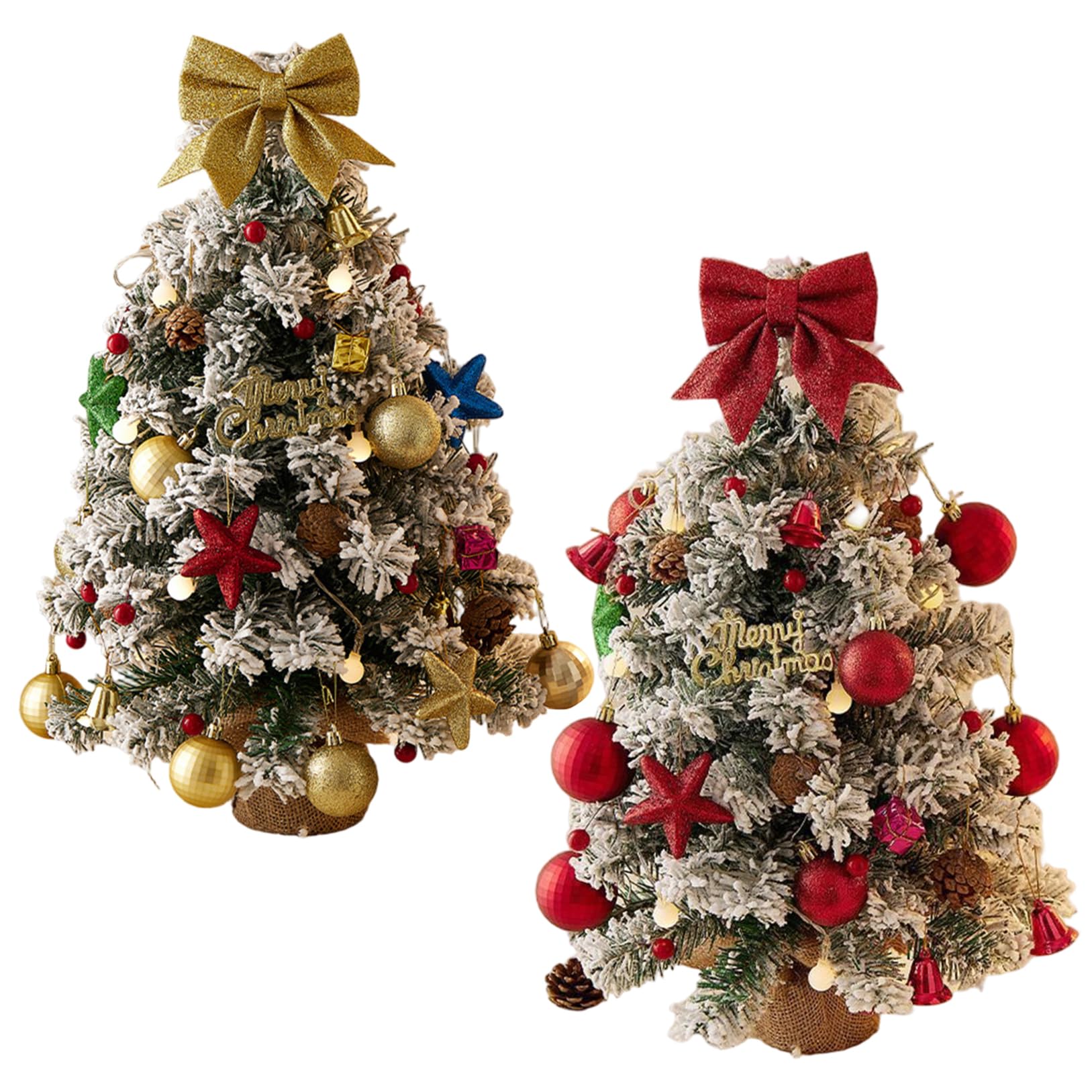 Petit Sapin de Noël avec lumières 61 cm, Arbre de Noël floqué enneigé avec nœud, Boules, Cloche, Pomme pin pour Les Vacances d'hiver, décoration Maison, Bureau, doré