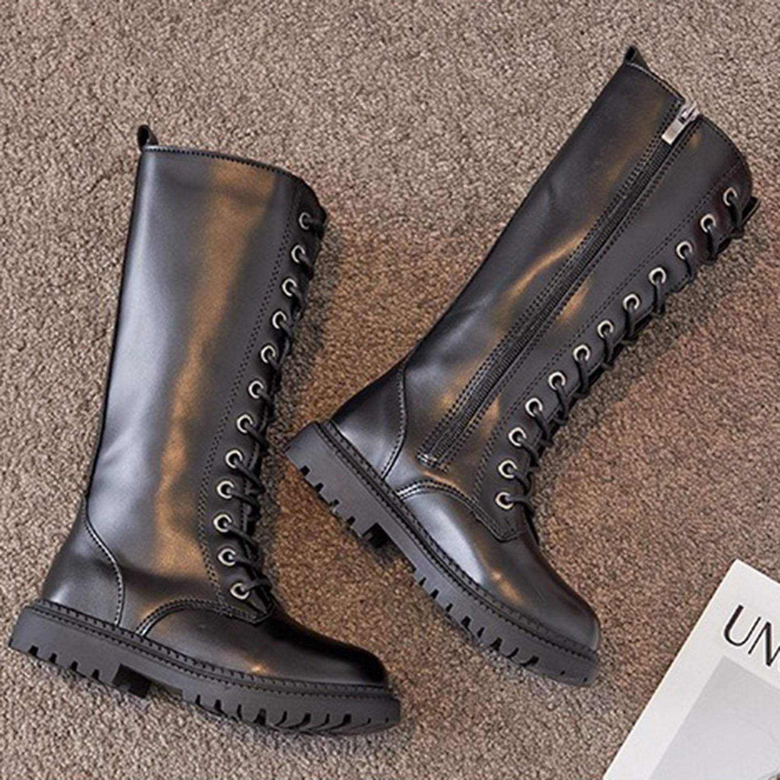 Genérico Botas y Botines para Niña Botas Largas con Cordones de Piel de Color Sólido, Británico, Cremallera lateral, Suela gruesa Zapatos de equitación Tendencia Occidental