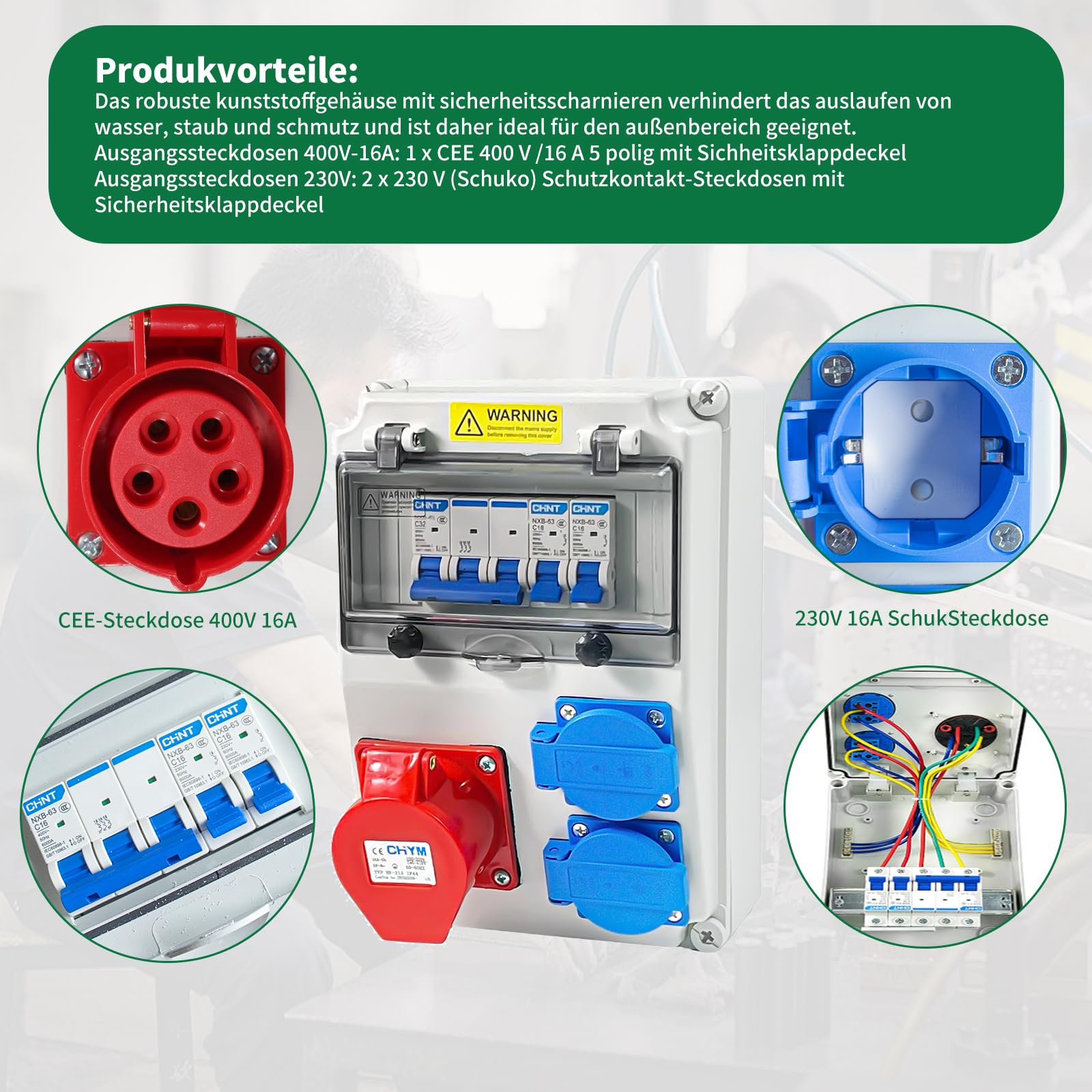 Distribuidor de corriente para construcción, 16 A, distribuidor de pared, 32 A/16 A, IP44, resistente al agua, con interruptor de protección FI, enchufes CEE y Schuko para obras, jardín, industria