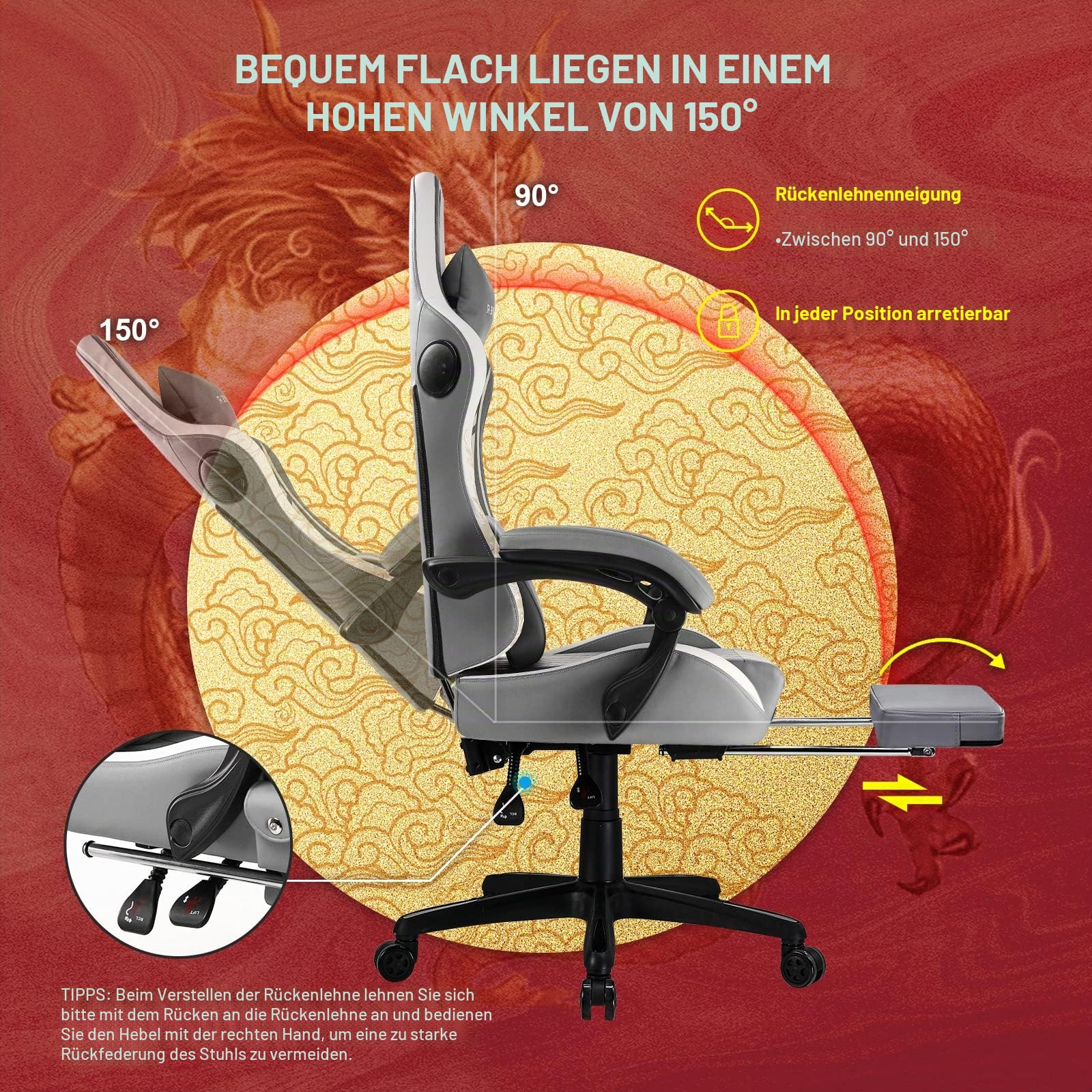 GTPLAYER Gaming Stuhl Gamer Stuhl mit Bluetooth-Lautsprechern und Fußstütze, Dragon Series Bürostuhl, Ergonomischer Drehsessel, Computerstuhl 150KG, Grau