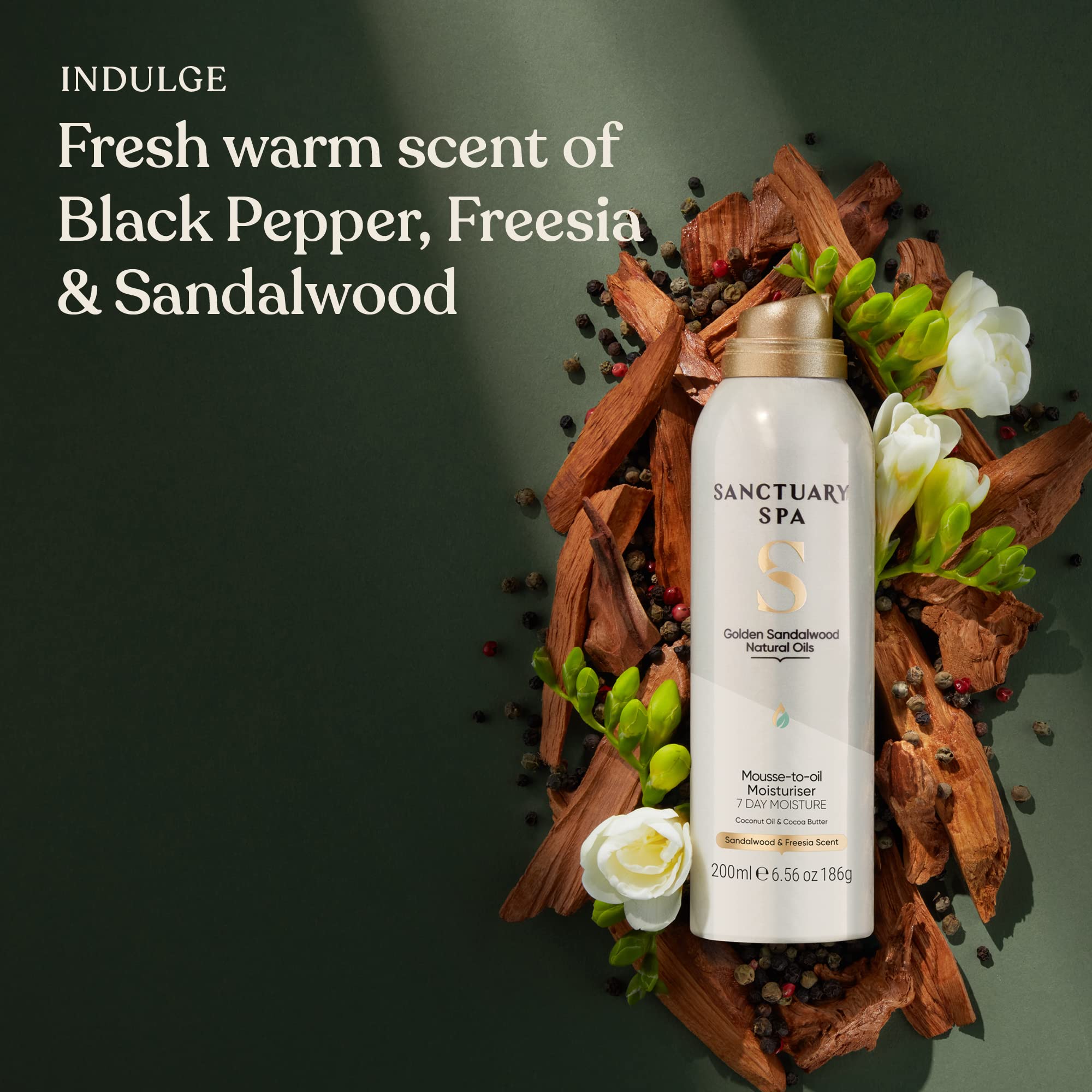 Sanctuary Spa Golden Sandalwood Mousse to Oil Moisturiser, 7 Day Moisture, With Coconut Oil & Shea Butter, Mineral Oil Free, Cruelty Free & Vegan, 200ml - Image 2