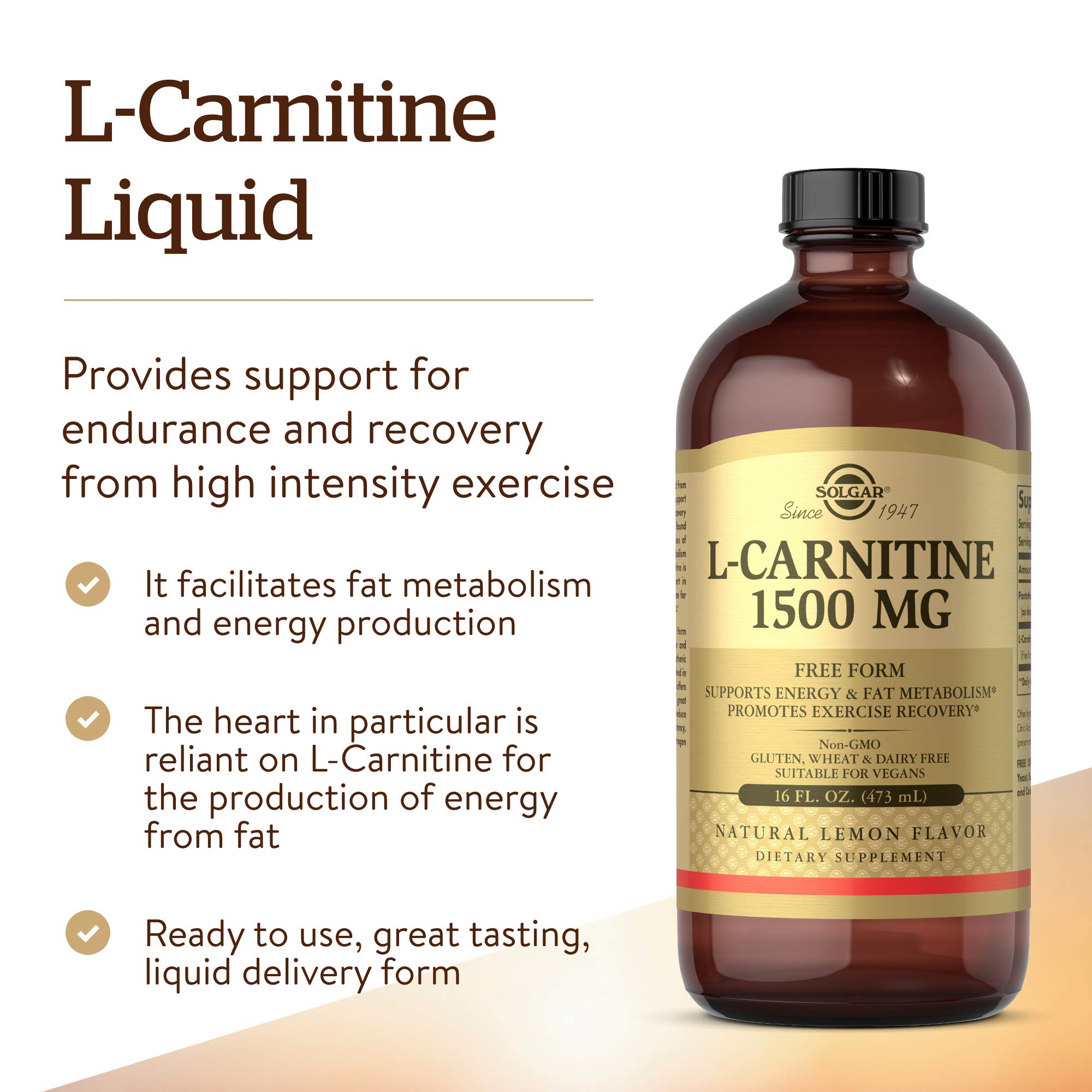 Solgar L-Carnitine 1500 mg Liquid, 16 oz. - Natural Lemon Flavor - Heart  Health