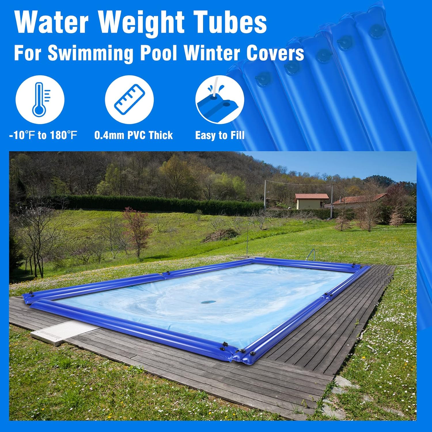 8.5 Ft Double Chamber Pool Water Bags, Water Tubes | Pool Cover Weights for Inground Pools Cover, Extra Durable 0.4mm PVC Water Weight Bags with Screw Caps, Winter Pools Bags for Closing Kit -5PK