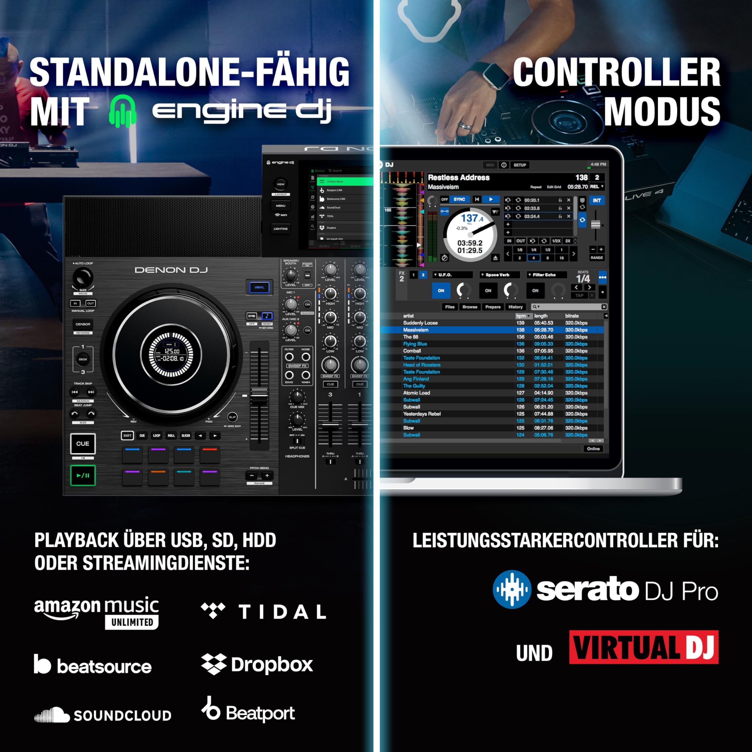 Denon DJ SC LIVE 4 - Standalone DJ-Controller & SanDisk Ultra Android microSDXC UHS-I Speicherkarte 128 GB + Adapter (Für Smartphones und Tablets