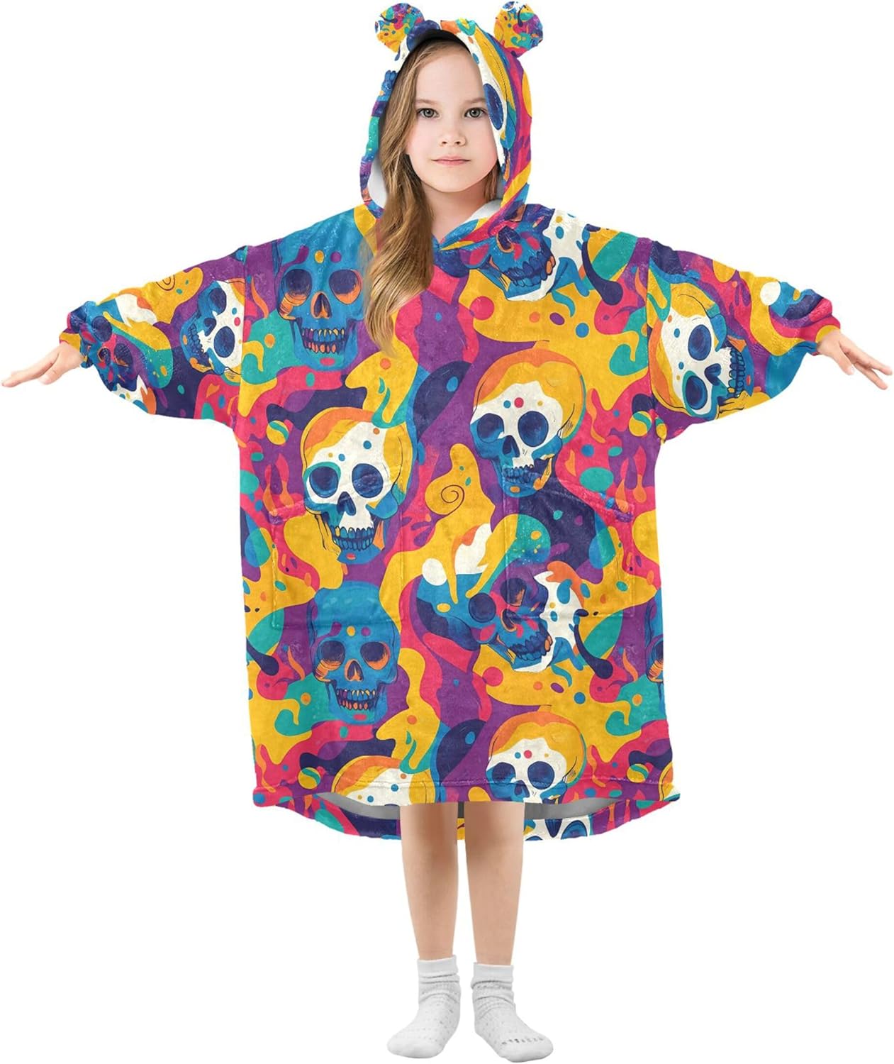 Skull Kids Wearable Blanket Hoodie with Pocket and Sleeves for Toddlers, Cute Hoodies 3-14 Year Girls Boys B0404362