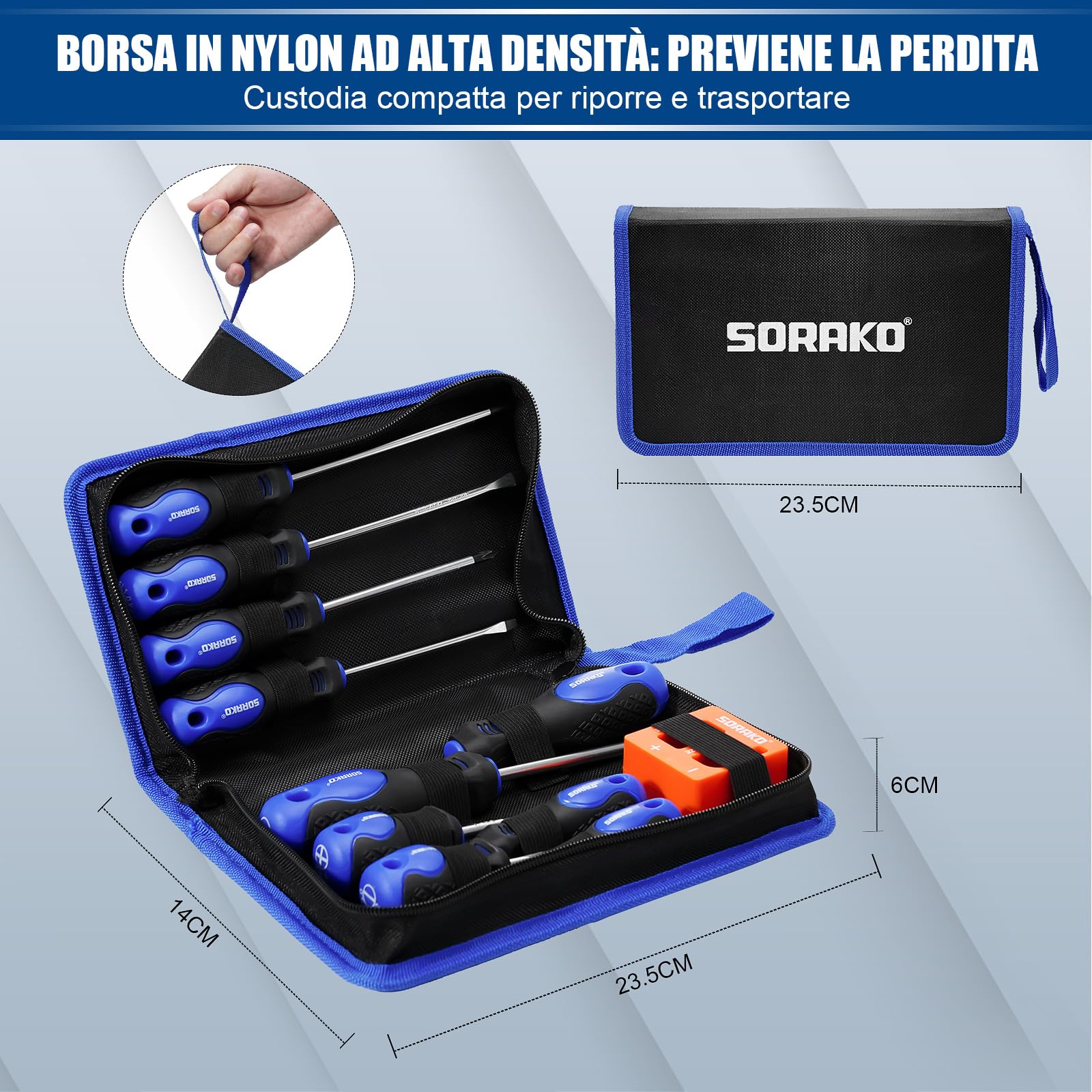 SORAKO Set cacciaviti da 11 pezzi, Con smagnetizzazione 2 in 1, Borsa in nylon ad alta densità, punta magnetica, impugnatura professionale antiscivolo, con 5 punte piatte, 5 punte a croce