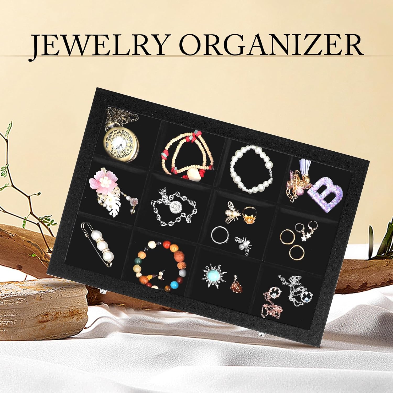 HEALLILY Bracelet Box, Velvet 12 Grids Bracelet Organizer, Necklace Box with Clear Lid, Earring Organizers and Storage for Rings Necklaces Bracelets Bangle Stud Earring Jewelry Display Tray