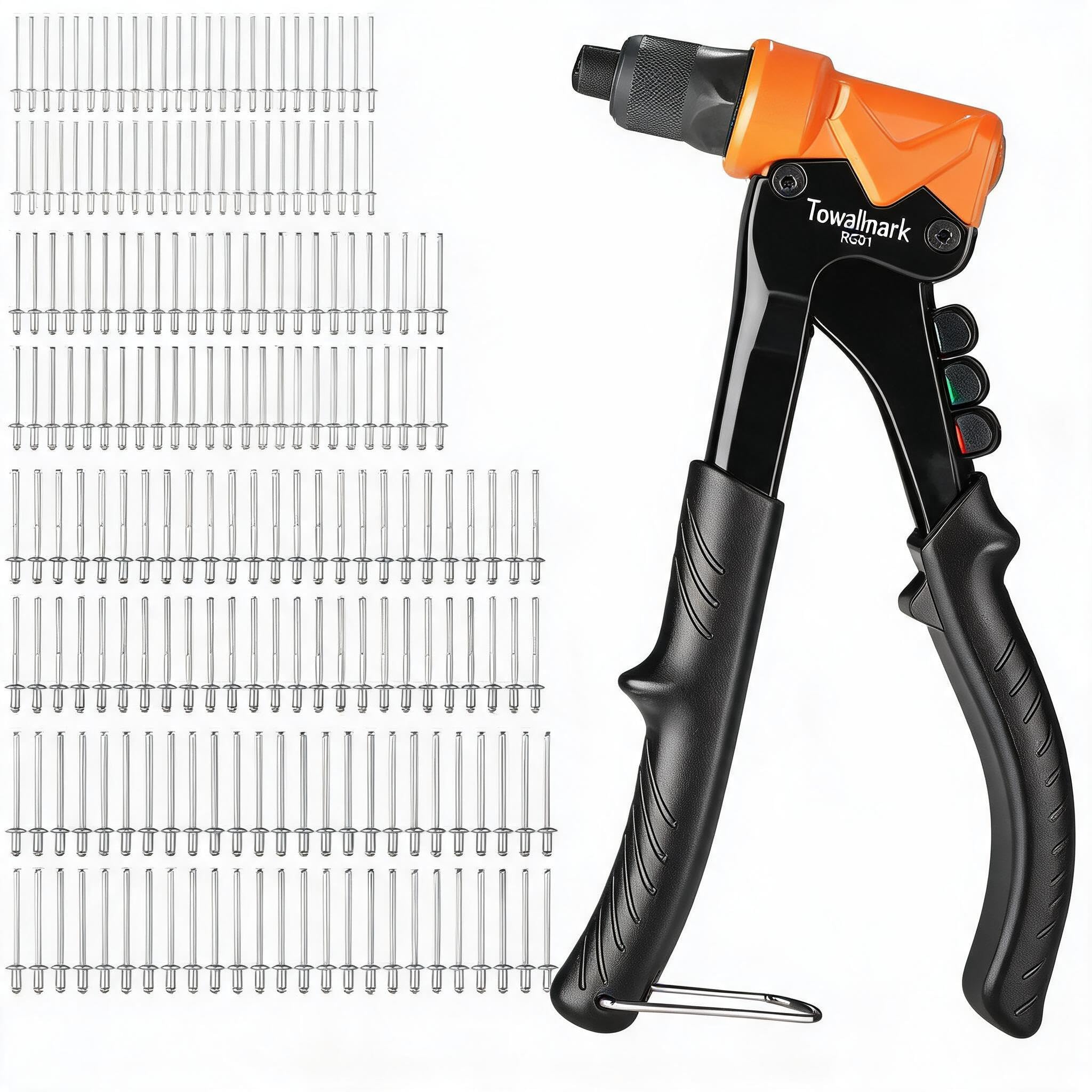  4-in-1 Rivet Gun Set with 200 Rivets – Pop Riveter with 4 Sizes Interchangeable Nosepieces (3/32", 1/8", 5/32", 3/16") – Ergonomic Anti-Slip Grip Hand Riveter for Automotive, Metal, DIY, Workshop