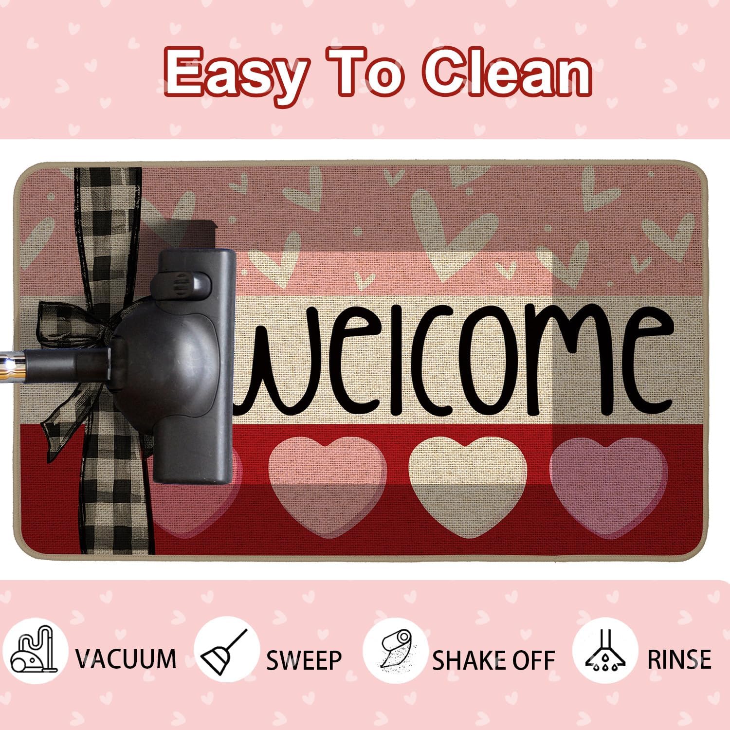 Baccessor Valentines Day Door Mat Welcome Love Bow Pink Heart 17x29 inch Decorative Front Doormat Indoor Outdoor Non Slip Rubber Backing Seasonal Anniversary Wedding Kitchen Decoration