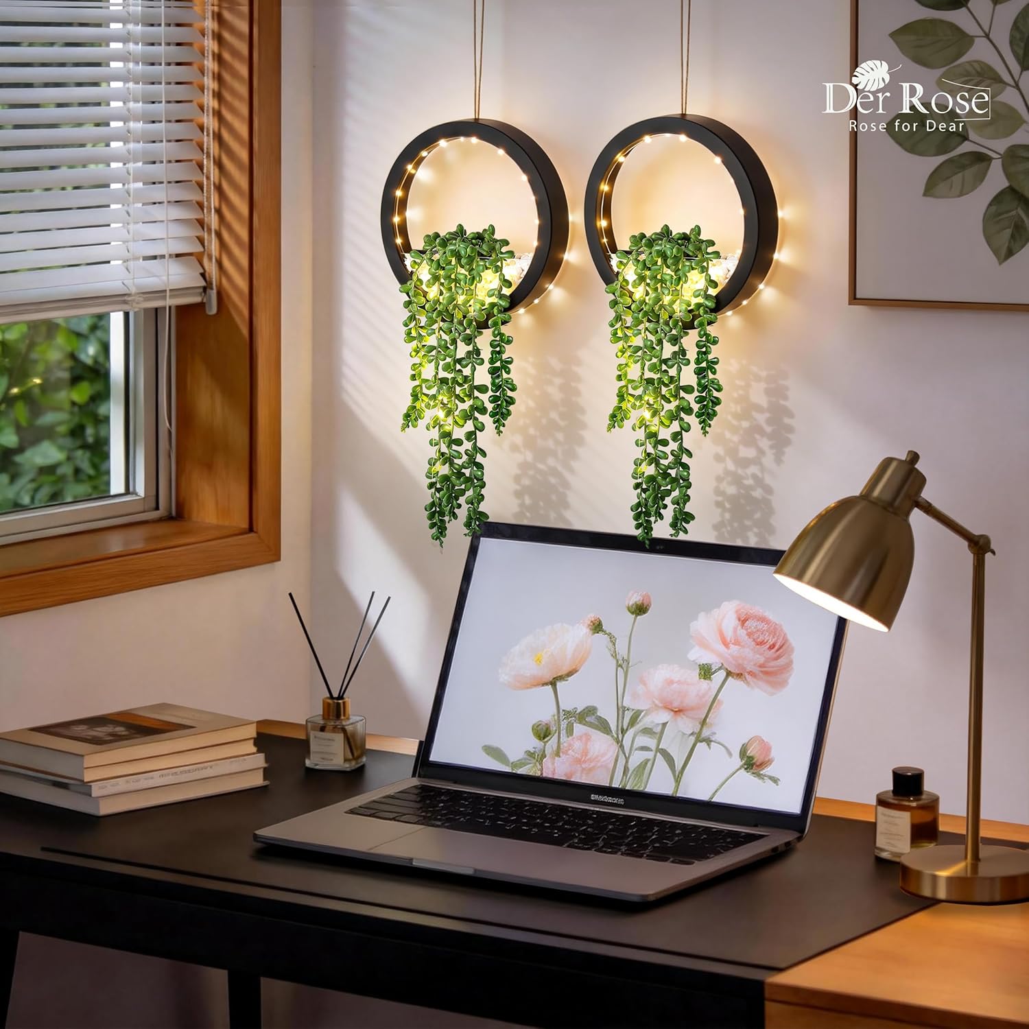 Der Rose 2 Pack Lighted Hanging Plants, Artificial String of Pearls Plants with Warm LED Lights, Aesthetic Fake Plants for Black Bedroom Bathroom Living Room Wall Decor, Party & Gift for Women