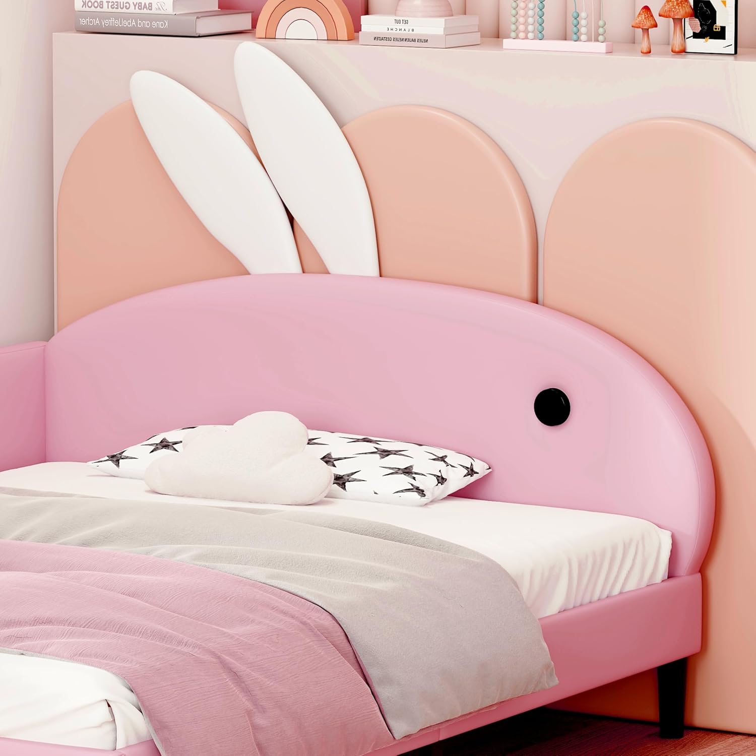 Upholstered Daybed Full Size with Rabbit Ear Headboard, Multi-Function Sofa Bed for Girls Boys, No Box Spring Needed (Pink, Full)