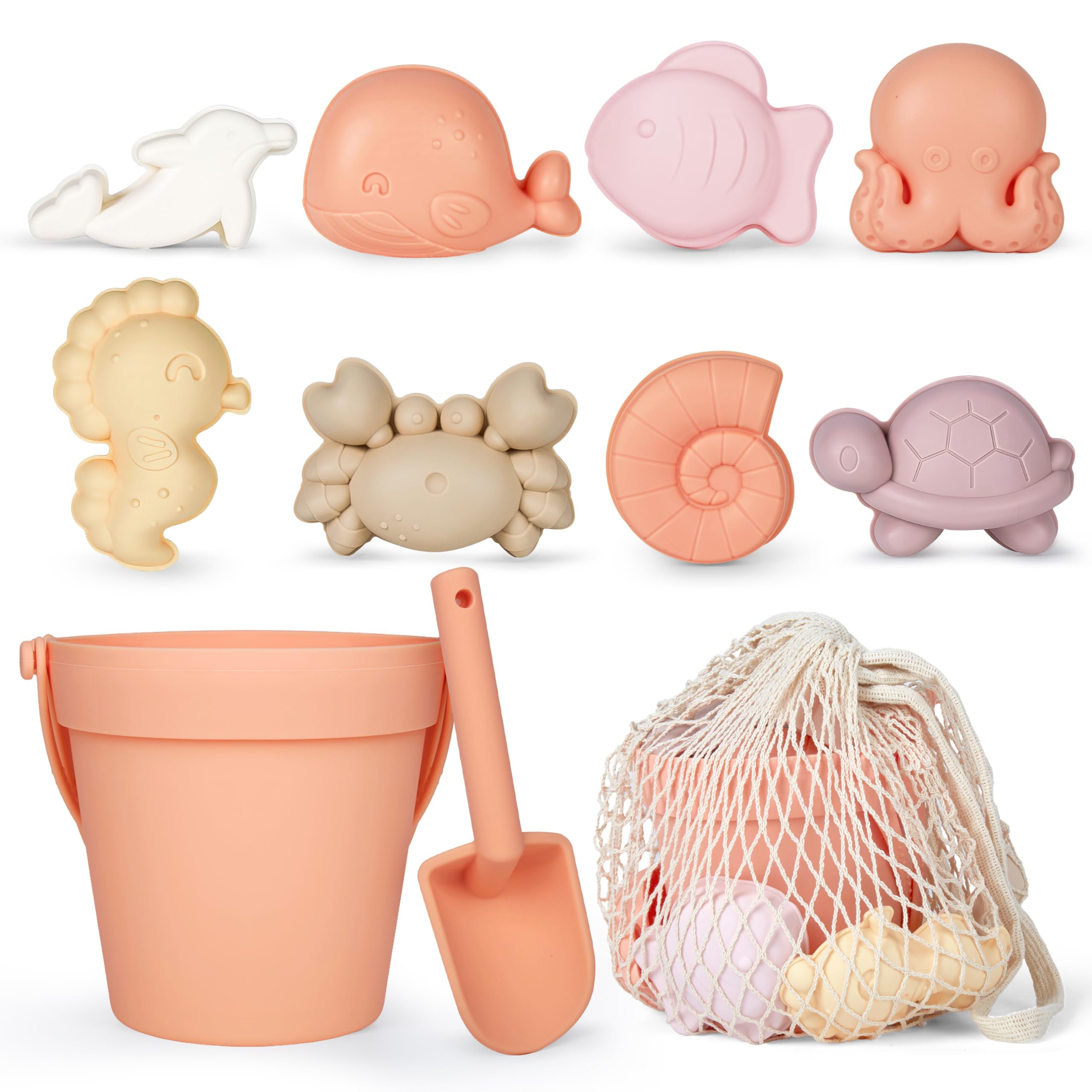 MarcZero11Pcs Silicone Beach Toys,Modern Baby Beach Toys,Travel Friendly Beach Set,Silicone Bucket, Shovel, 8 Sand Molds, Beach Bag, Sand Toys for Toddlers, Kids (Peach)