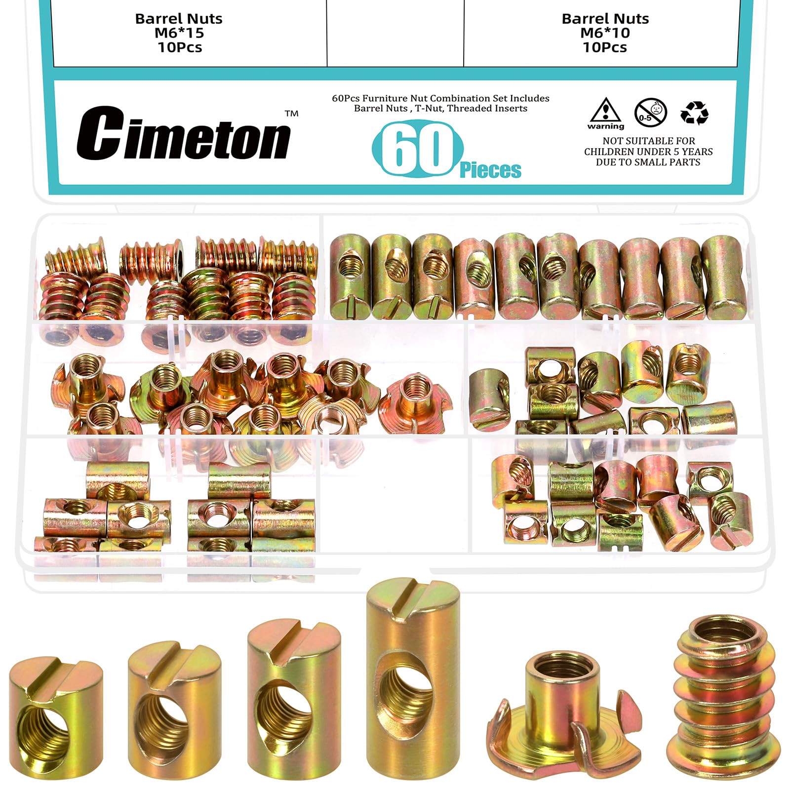 Cimeton 60PCS Colored Zinc M6 Barrel Nuts Cross Dowels Slotted Nut Kit with 4-Pronged Tee Nut Wood Inserts Bolt for Wood Furniture
